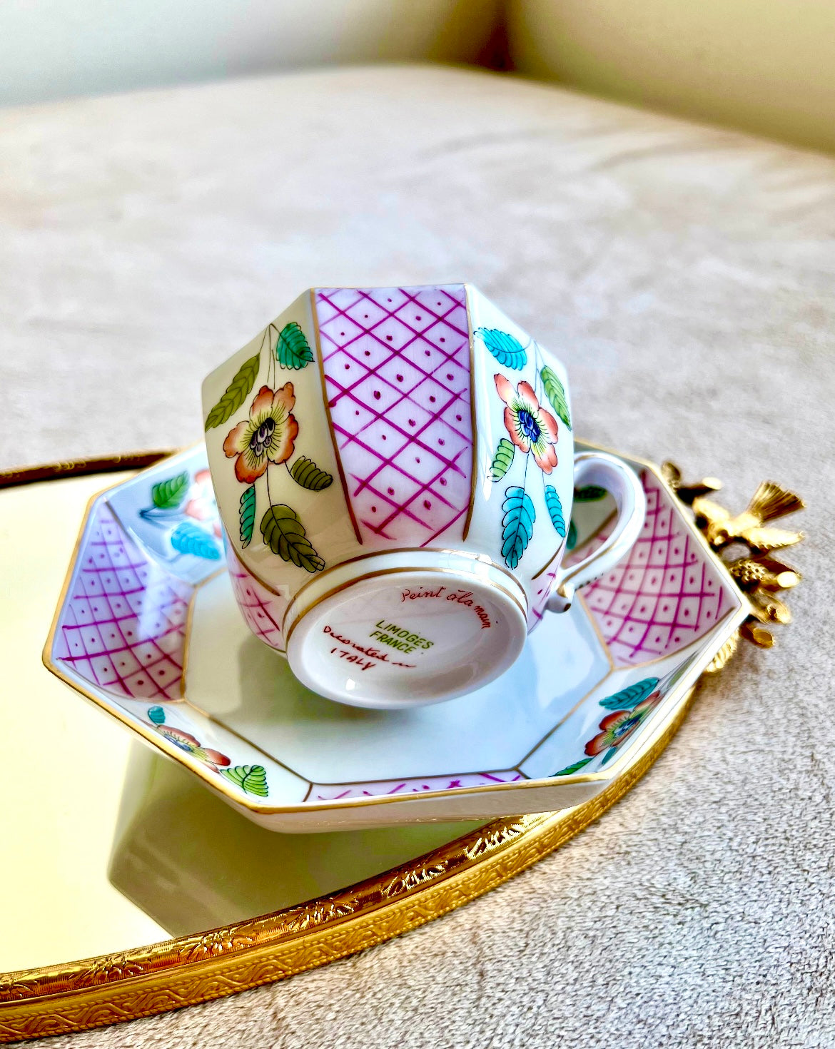 Very Unique Limoges France Vintage Porcelain Tea or Coffee Cup with Saucer & Floral Design, Decorated in Italy