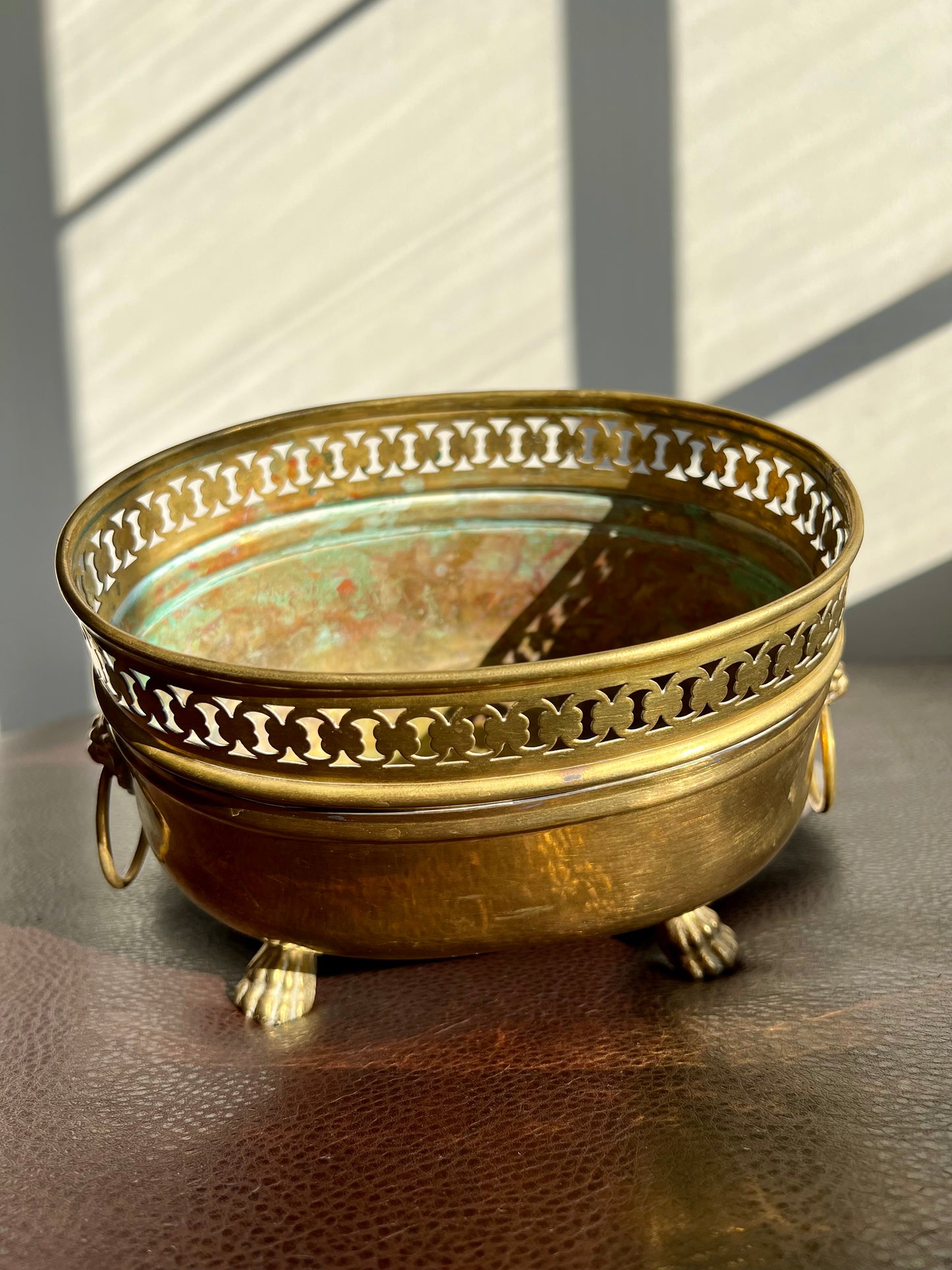 Spanish Antique/Vintage Brass Planter Jardinière Ornate on Four Lion Paws Footed and Two Lion Heads with Rings