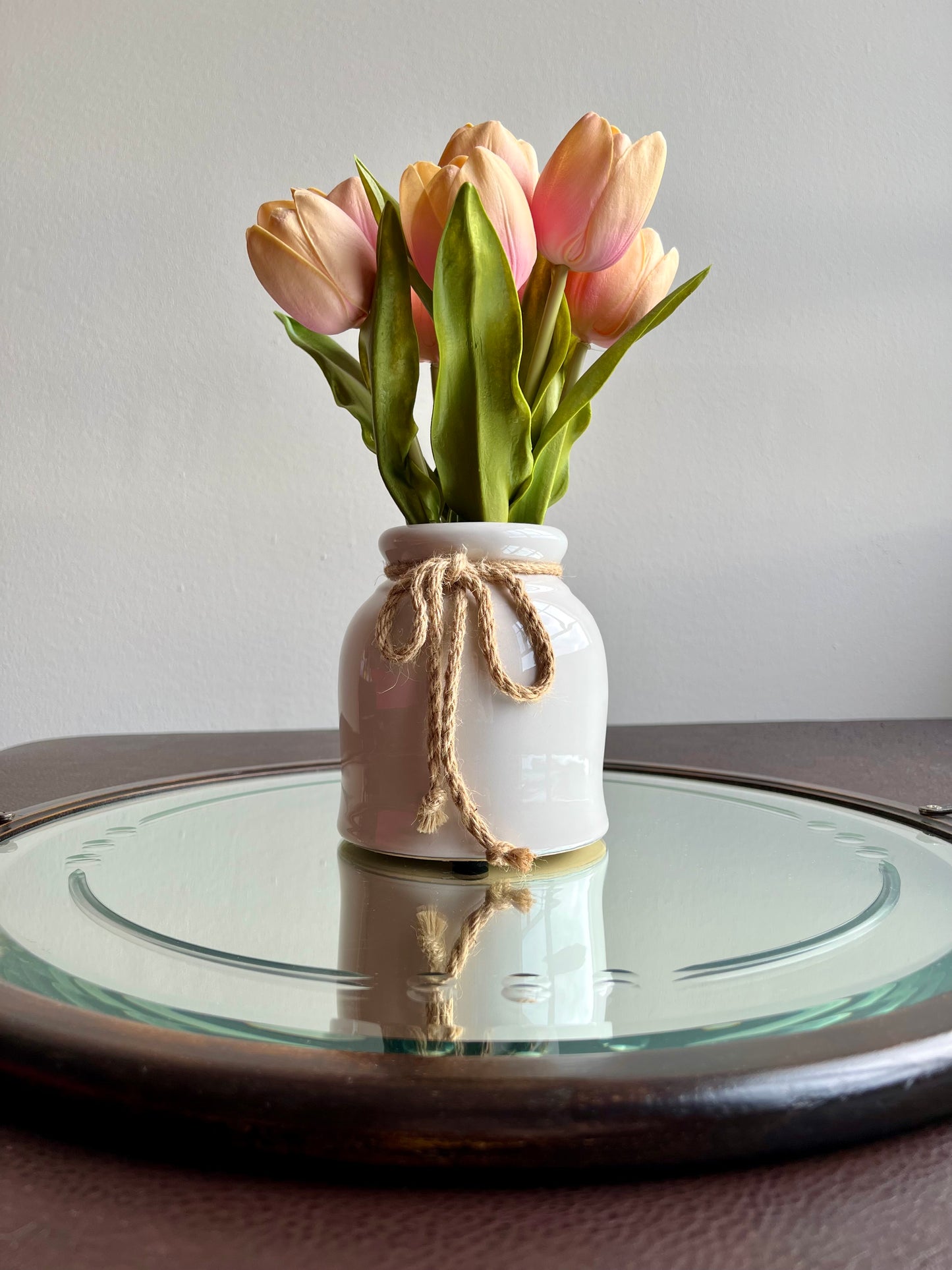 Big Wooden Table Mirror Tray Round Shaped with Two Brass Handles