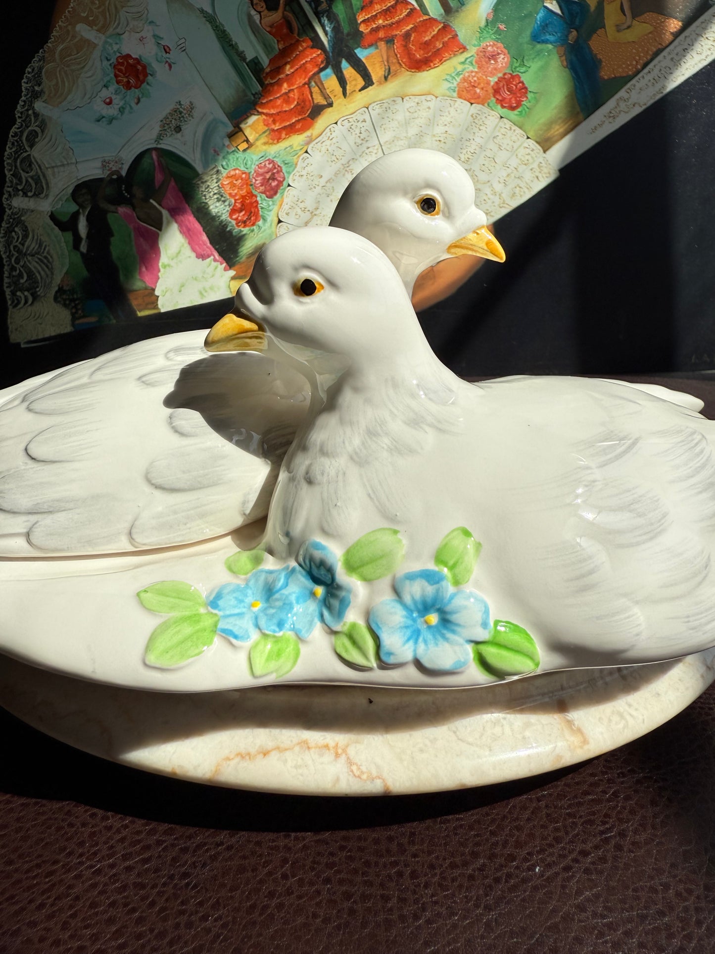 Dove Couple & Forget Me Not Flower Figural Hand Painted Vintage White Ceramic Serving Dish or Soup Tureen, Made in Japan