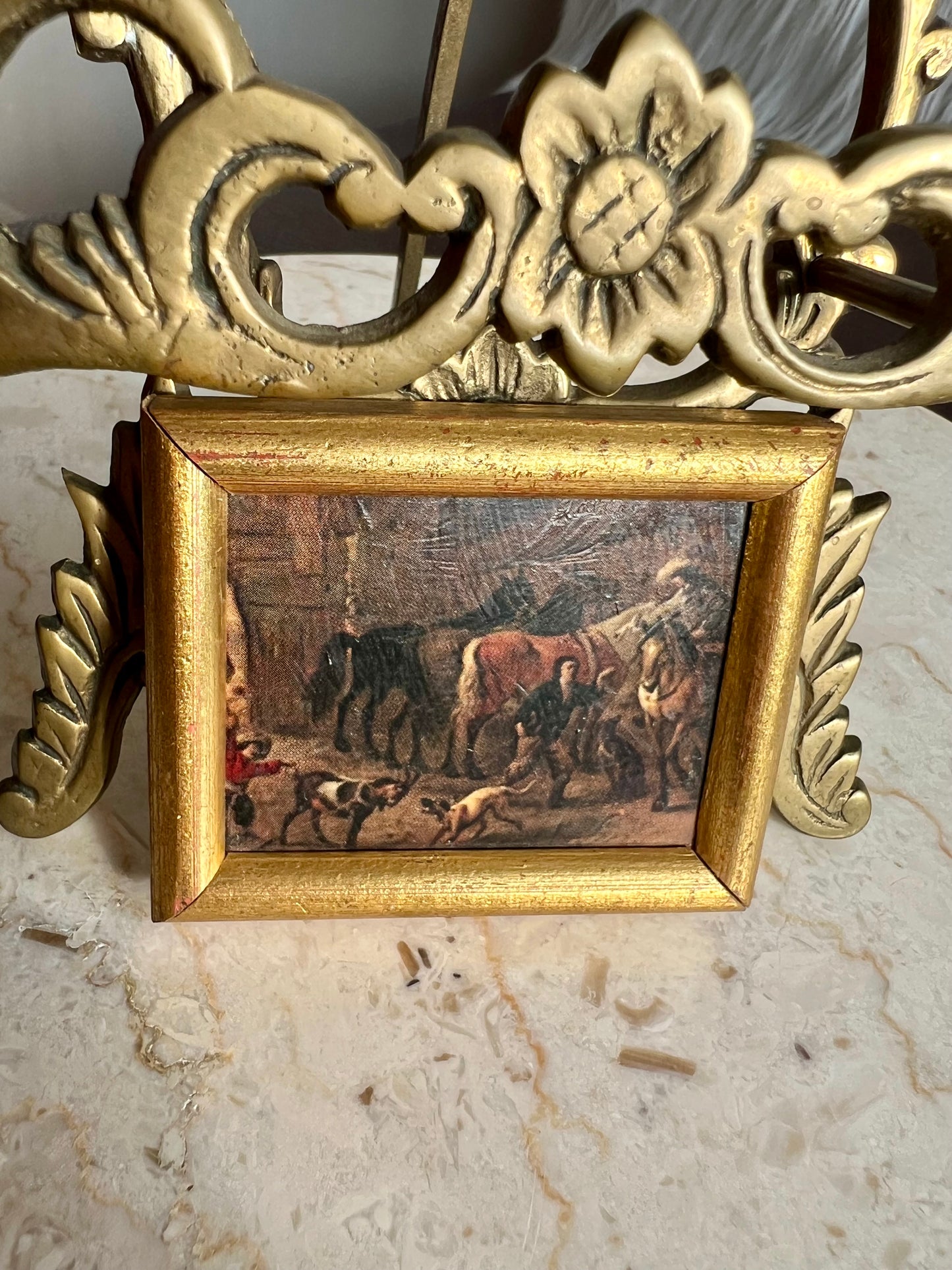 Miniature Vintage Printed Farm Scene Picture with Animals in Gilded Wooden Frame, Made in Spain