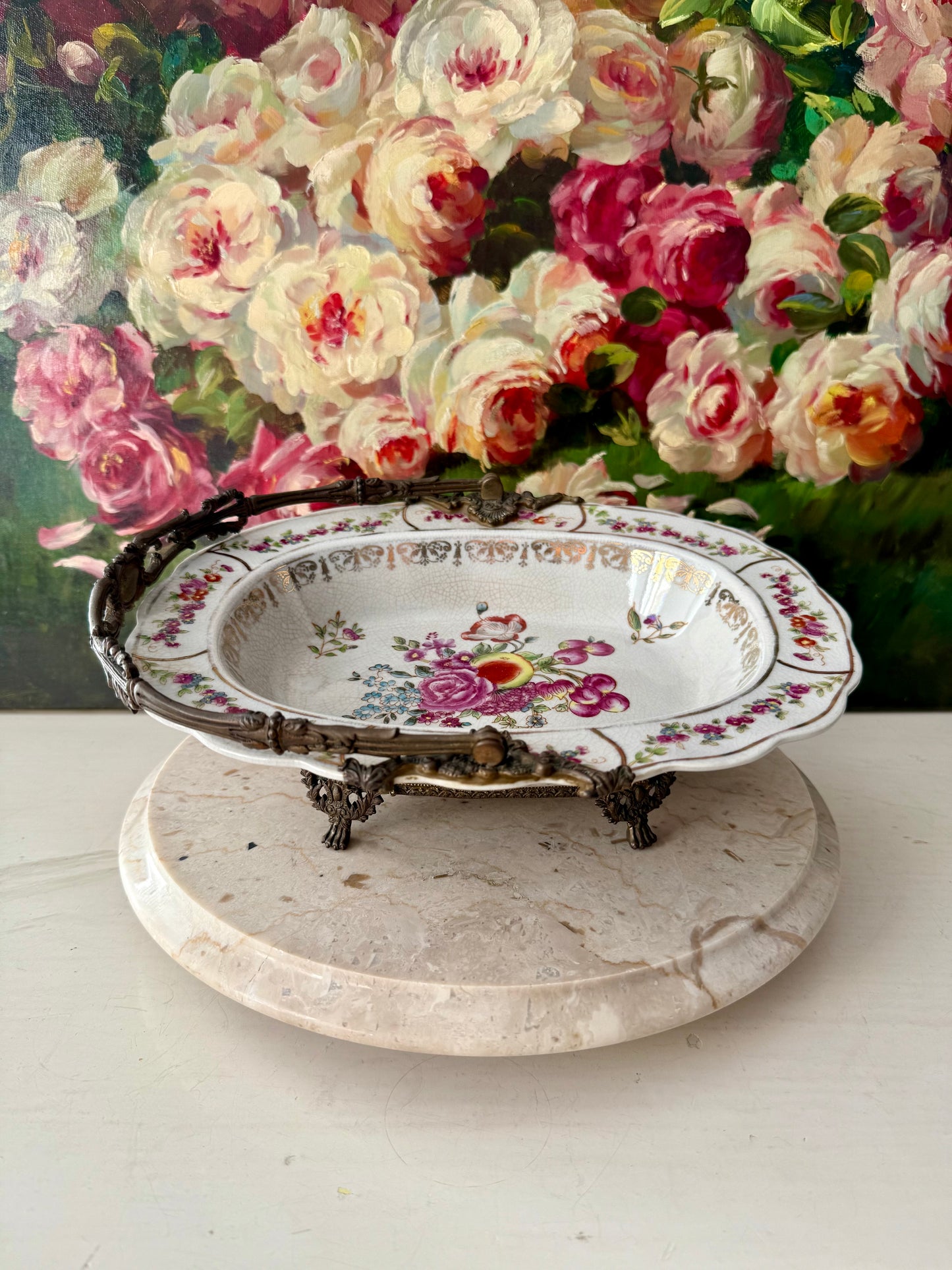 Porcelain Oval Crackle Glazed Vintage Basket Serving Dish with Decorative Bronze Handle, Floral Design and four Legs
