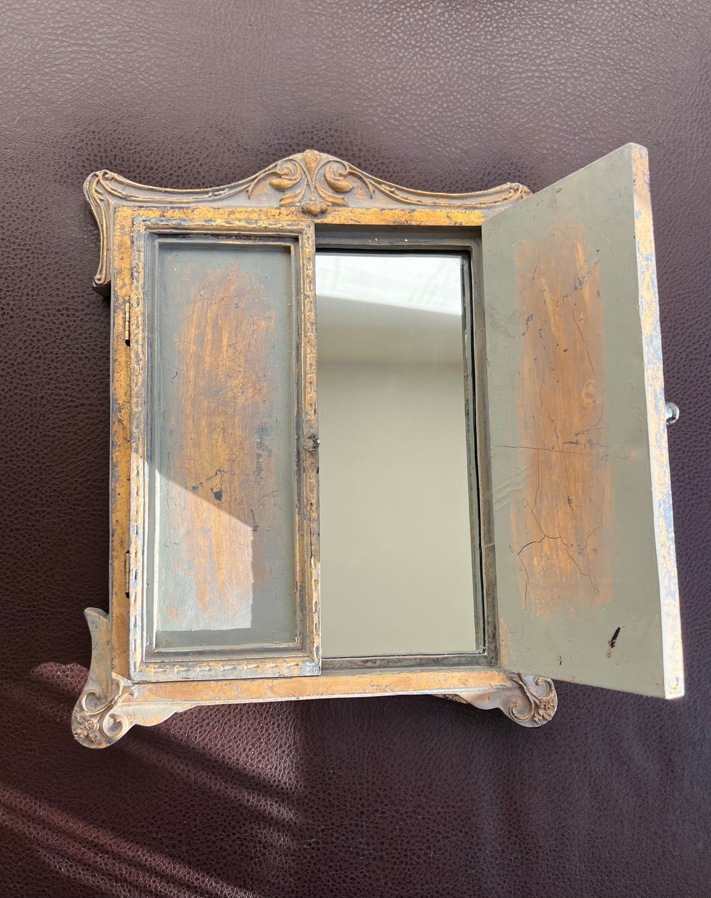 Antique Wood Look Framed Window Mirror With Open Doors