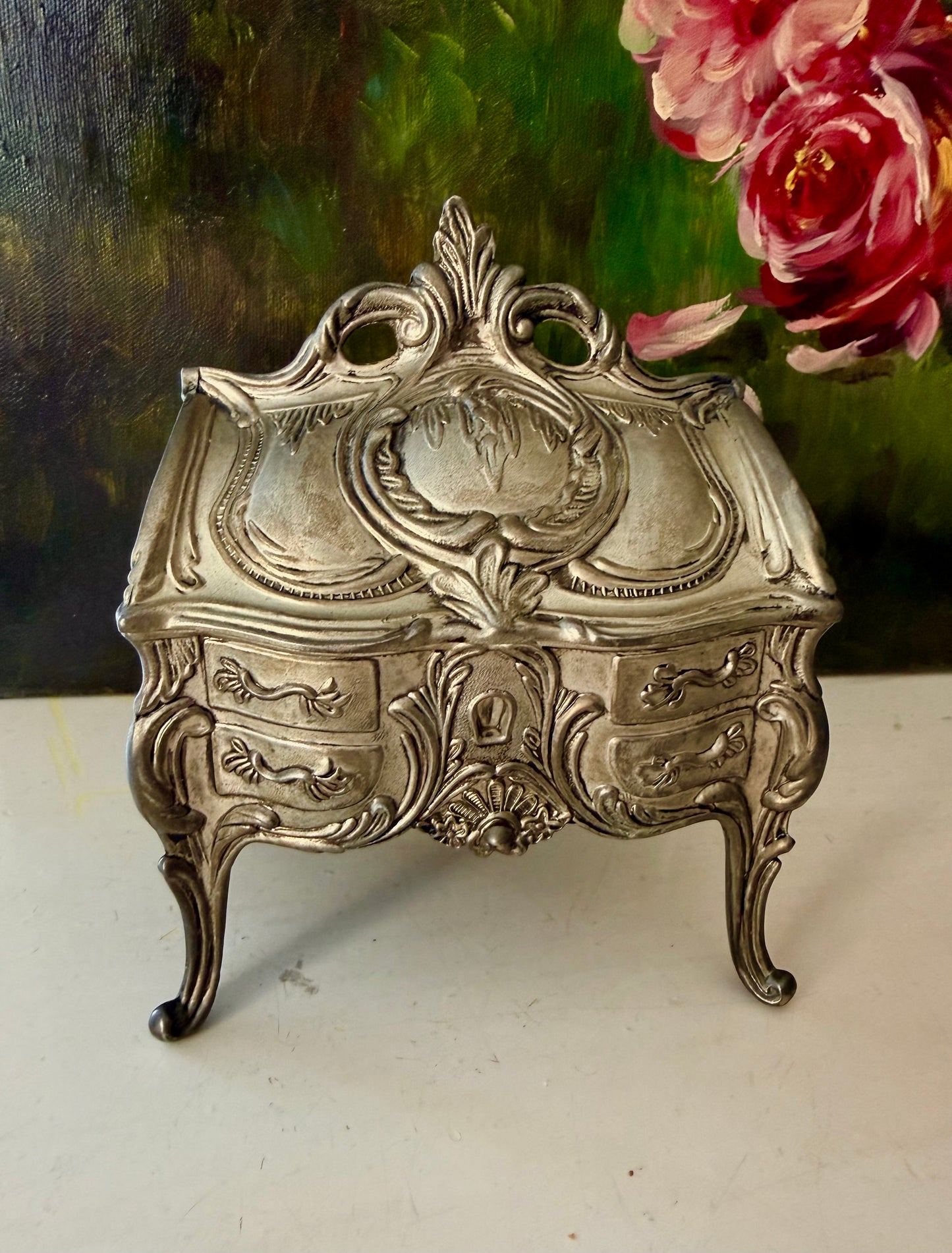 Antique Art Nouveau French Style Silver Plated Jewelry Casket Velvet Lined Romantic Trinket Box