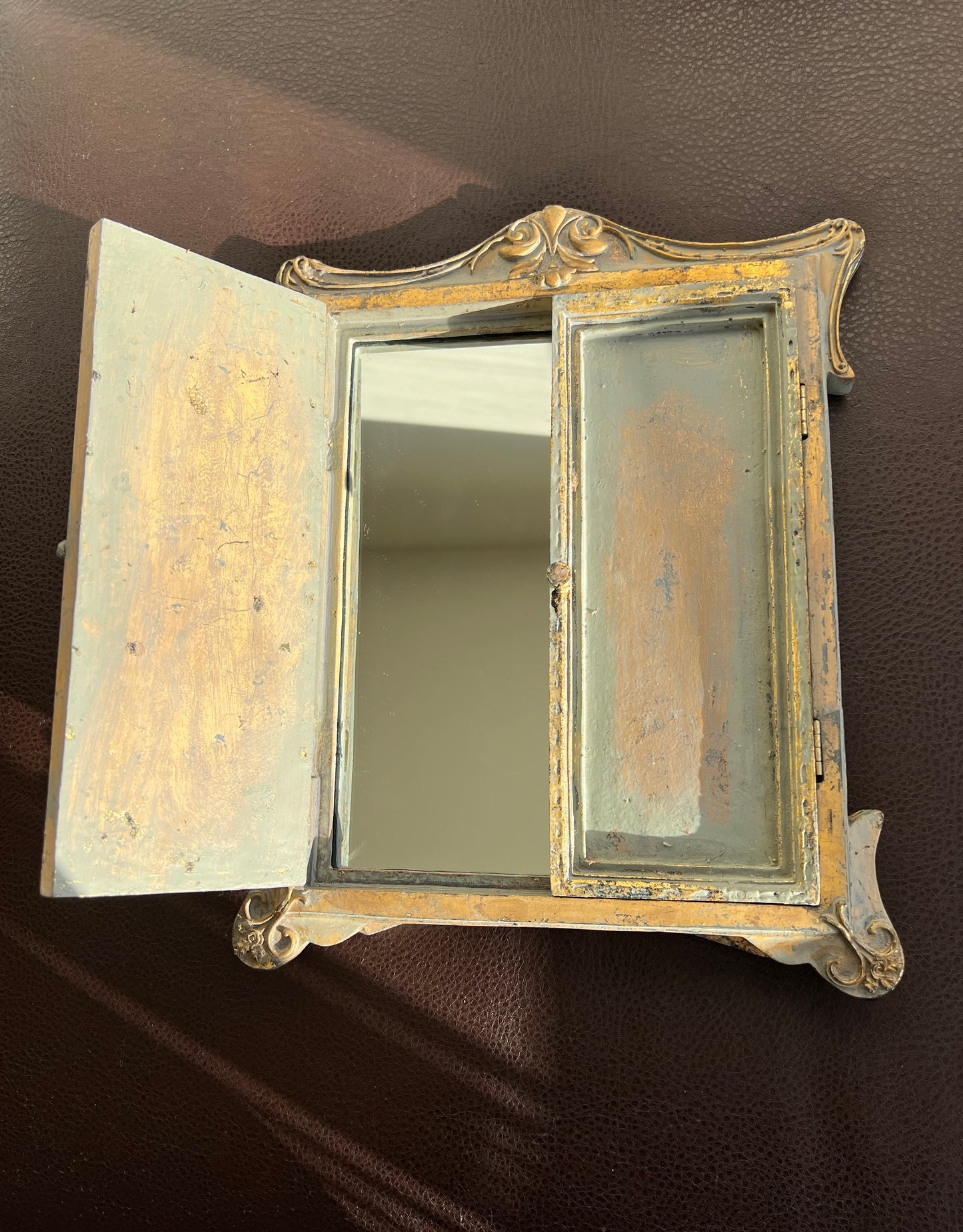 Antique Wood Look Framed Window Mirror With Open Doors