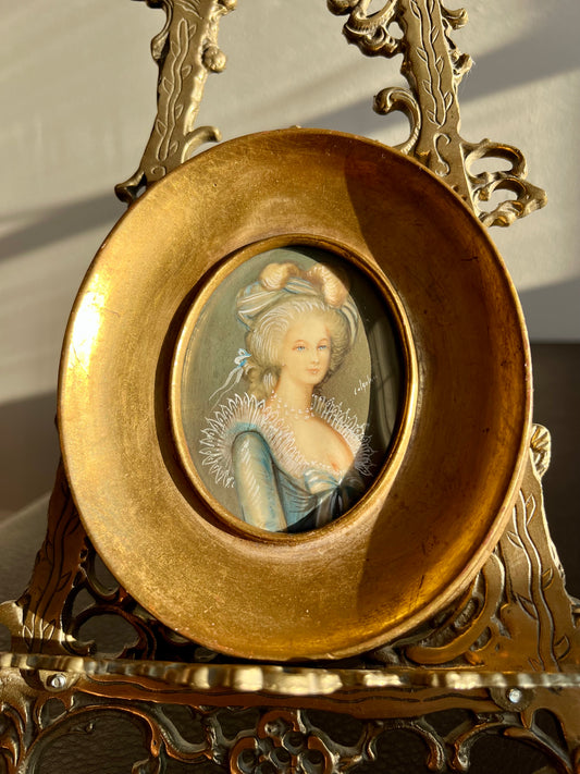 Antique/ Vintage Italian Miniature Oval Gilded Wooden Framed Original Art, Signed Painting Portrait Of Royal Lady Wall Decor