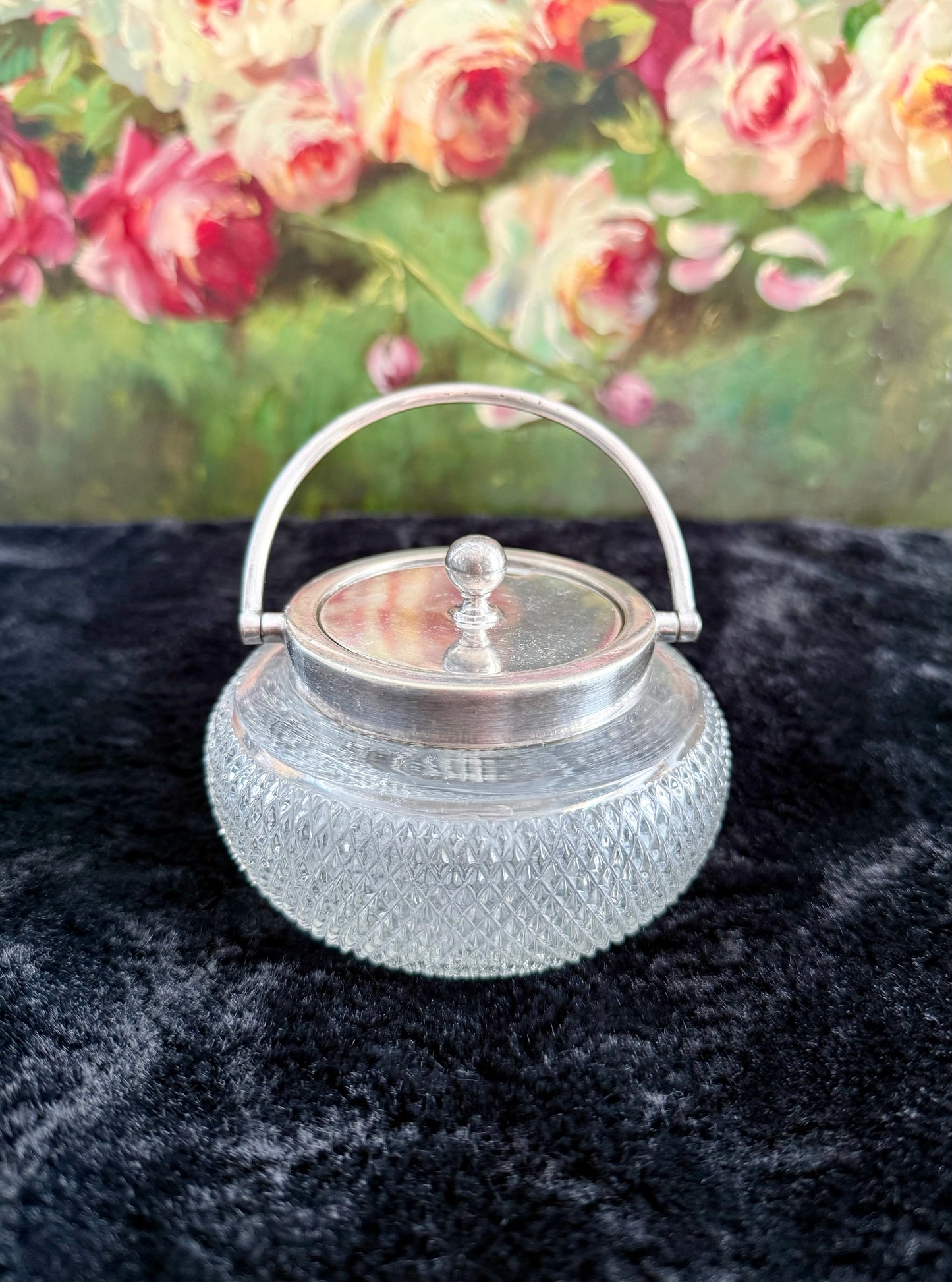 Antique Silver-Plated William Hutton & Sons British Cut Glass Biscuit Jar or Candy Holder with Lid and Handle