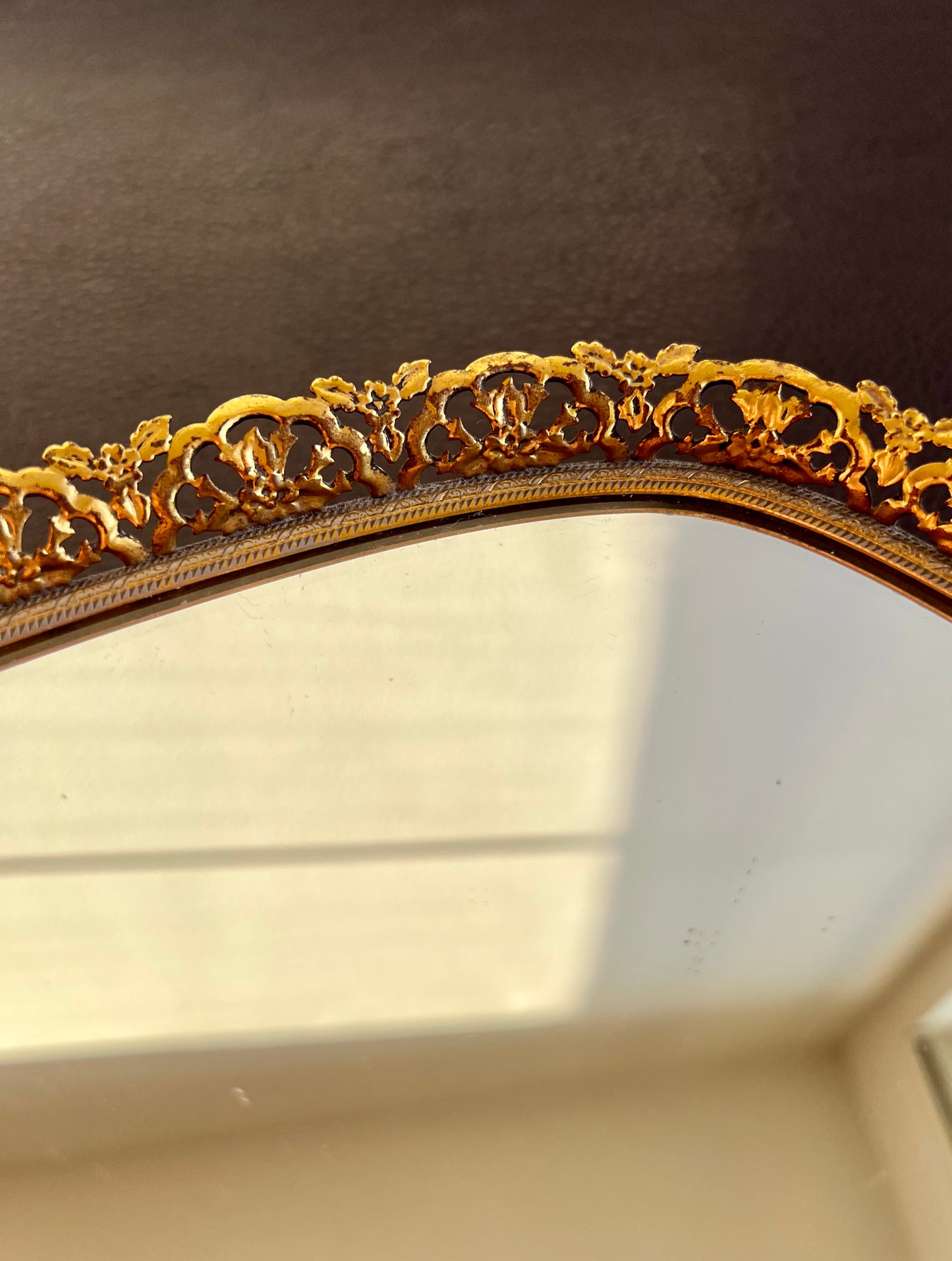 Mid Century Gold Brass Vintage Ormolu Vanity Perfume Tray Oval Mirror - Hollywood Regency