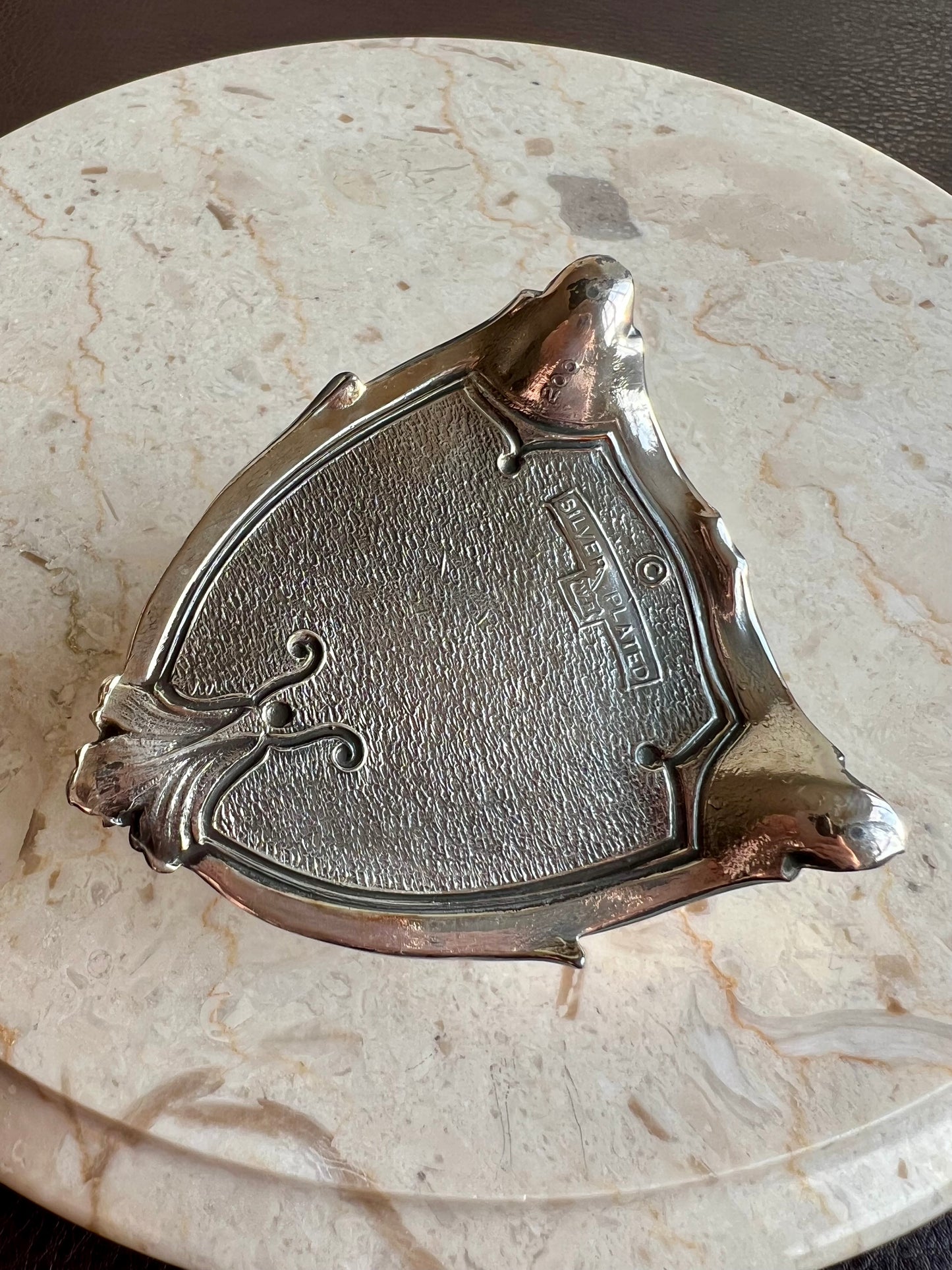 Antique Art Nouveau Silver Plated Heart Shaped Vintage Jewelry Ring Holder, Trinket Box, Blue Velvet Lined Interior