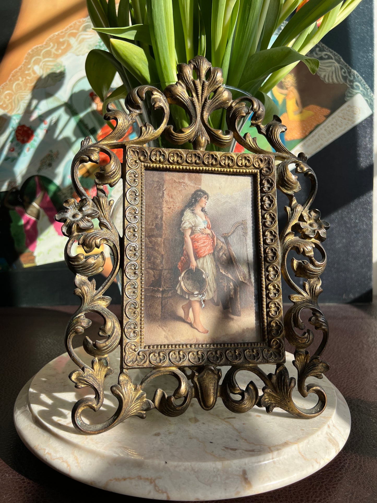 Antique Hand-Painted Original Signed Art of Porcelain Painting with Gilded Florentine Frame from Late 1800s