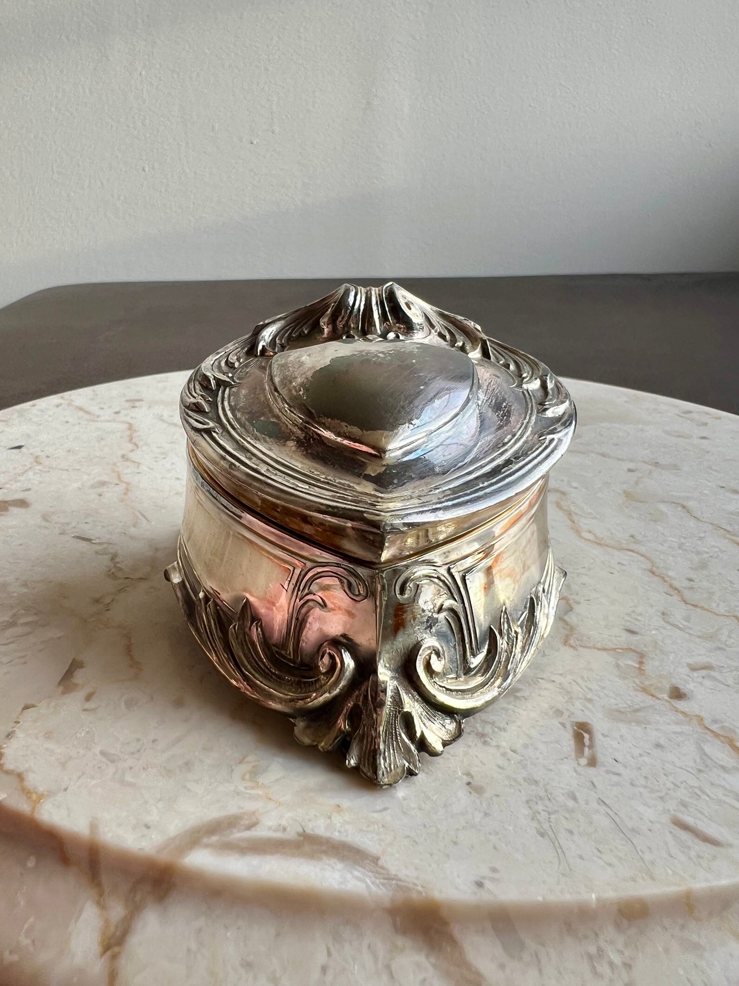 Antique Art Nouveau Silver Plated Heart Shaped Vintage Jewelry Ring Holder, Trinket Box, Blue Velvet Lined Interior