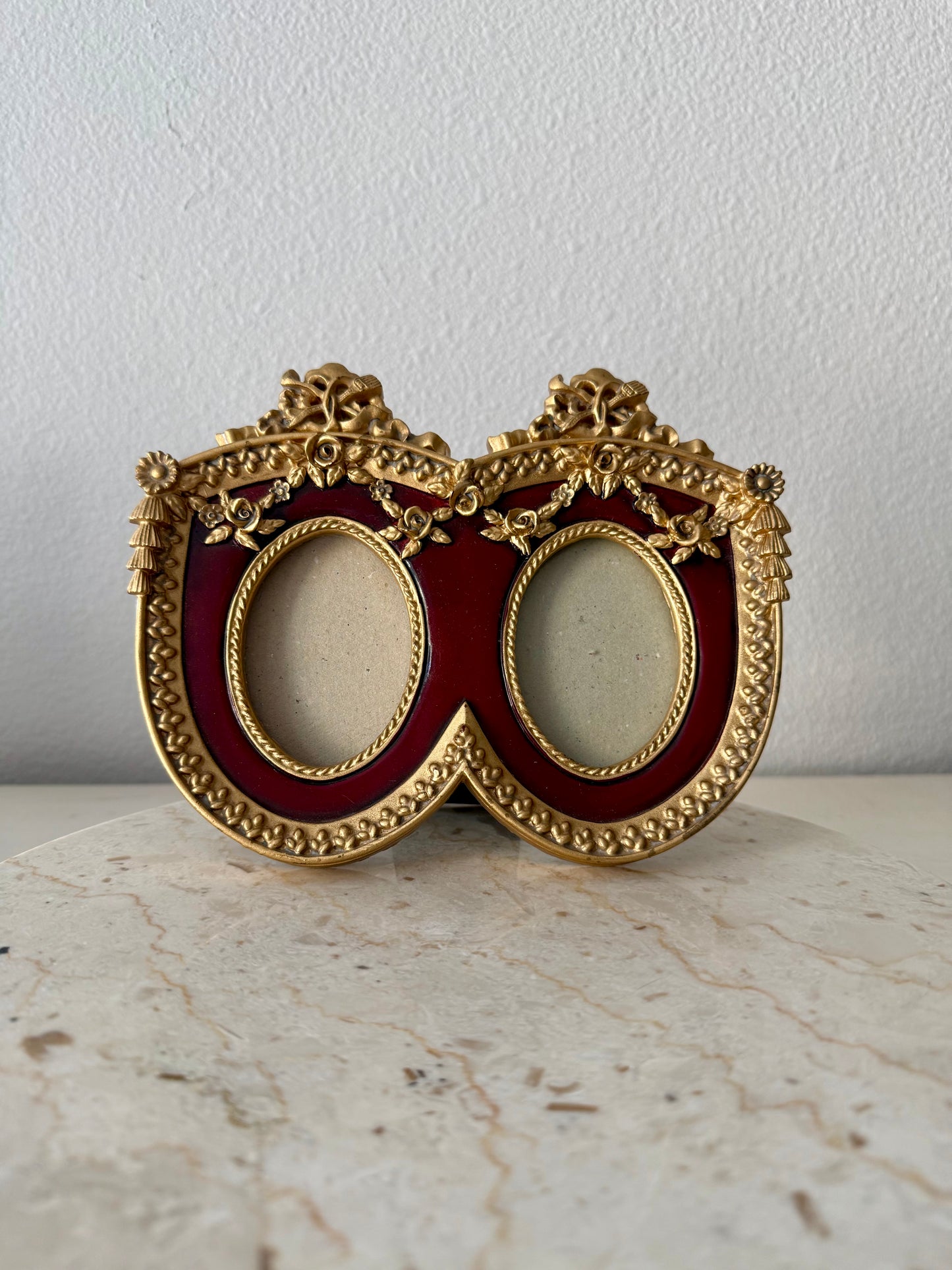 French Baroque Style Vintage Gold And Burgundy Oval Double Photo Frame (NOT Brass)