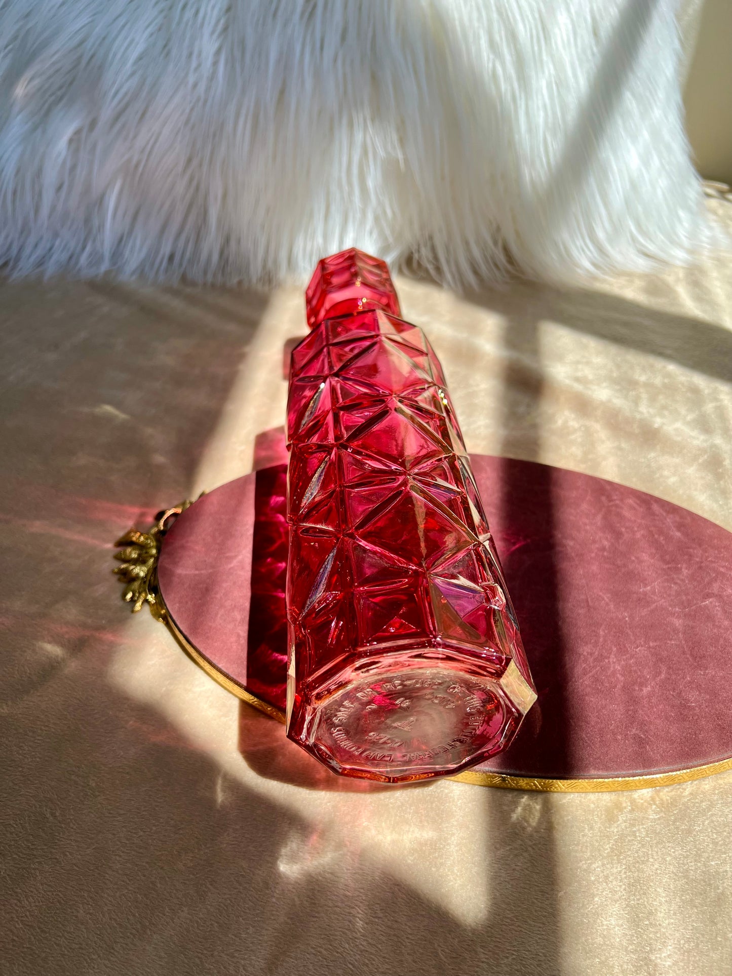 Vintage Pink Diamond Pressed Glass Liquor Bottle Decanter With Stopper