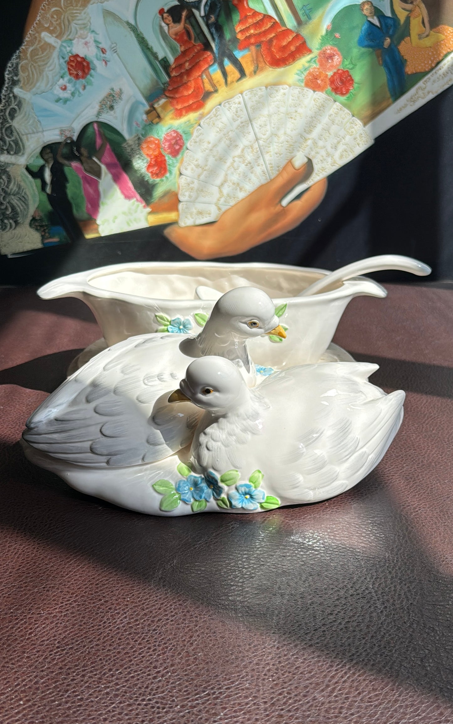 Dove Couple & Forget Me Not Flower Figural Hand Painted Vintage White Ceramic Serving Dish or Soup Tureen, Made in Japan