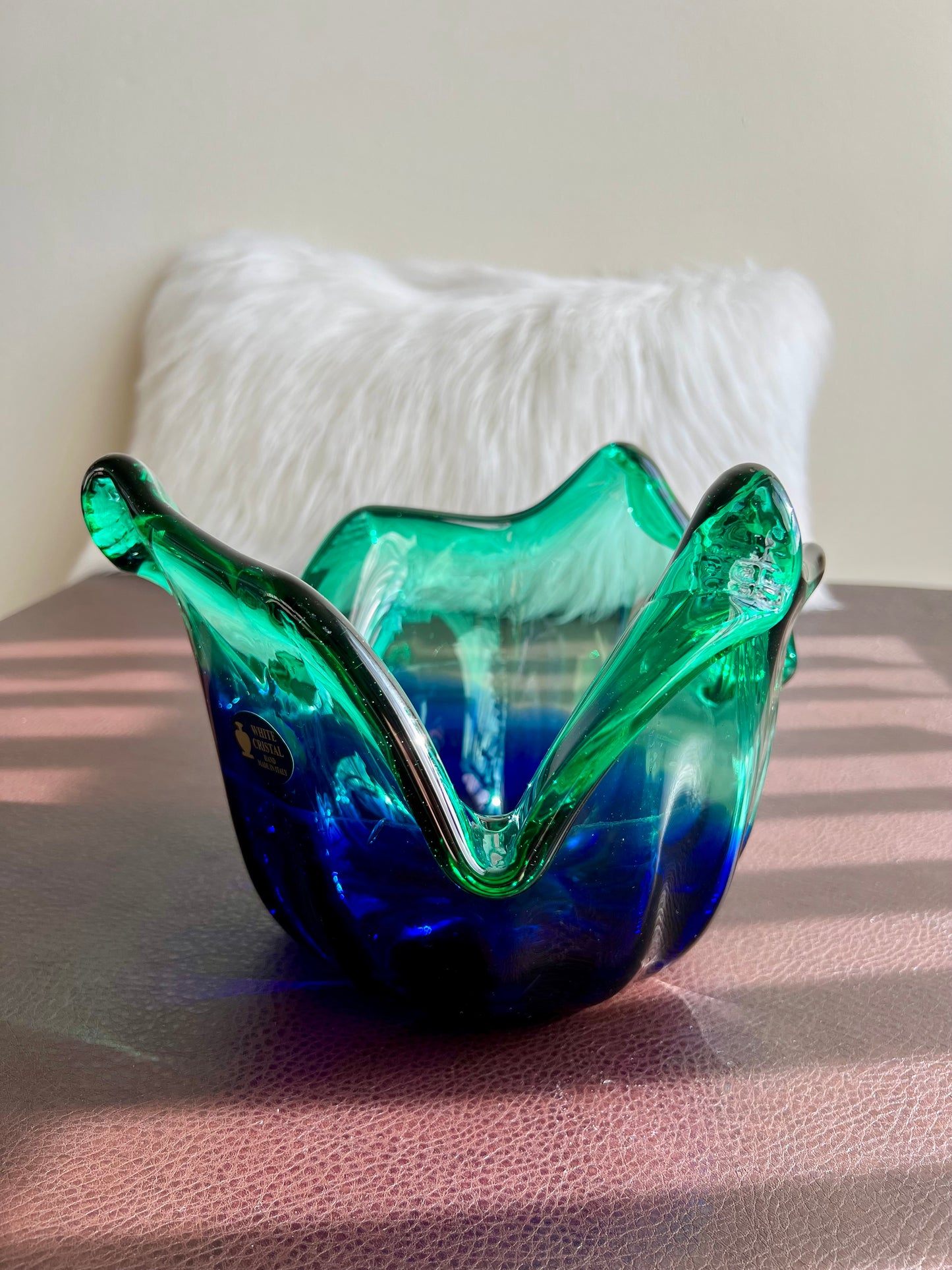 MURANO Blue and Green Extra Large Vintage White Crystal Glass Bowl, Decorative Dish or Vase - Made in Italy