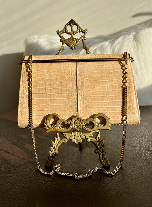 Italian Style IRV Beige/ Caramel Vintage Crocodile Leather Texture Purse /Handbag with Gold-plated Metal Strap