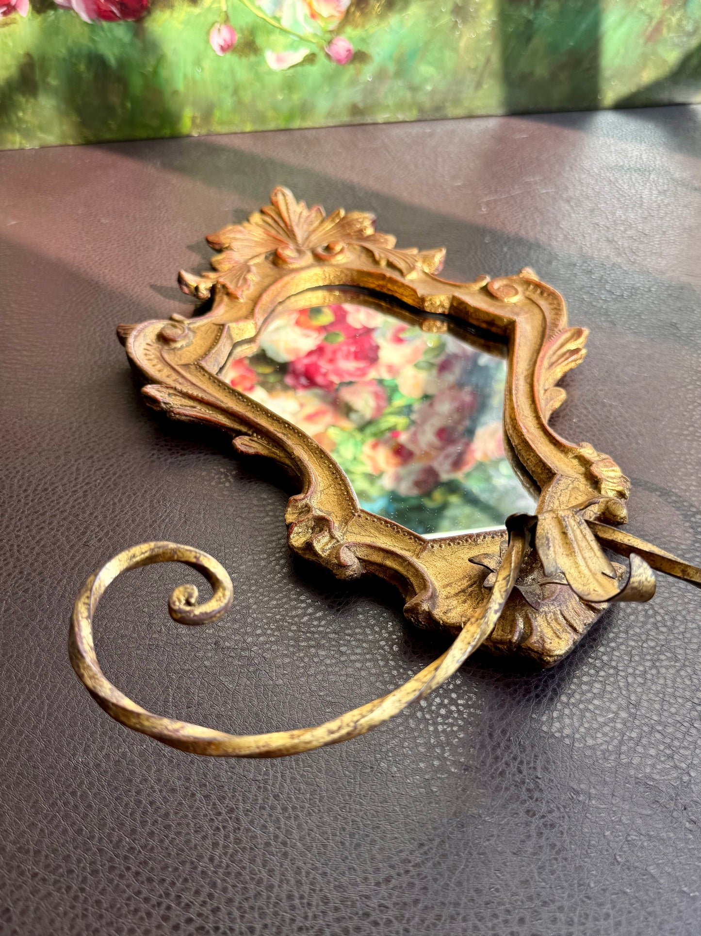 1950s Italian Florentine Rococo Vintage Gilded Wood Wall Mirror with Metal Towel Holder