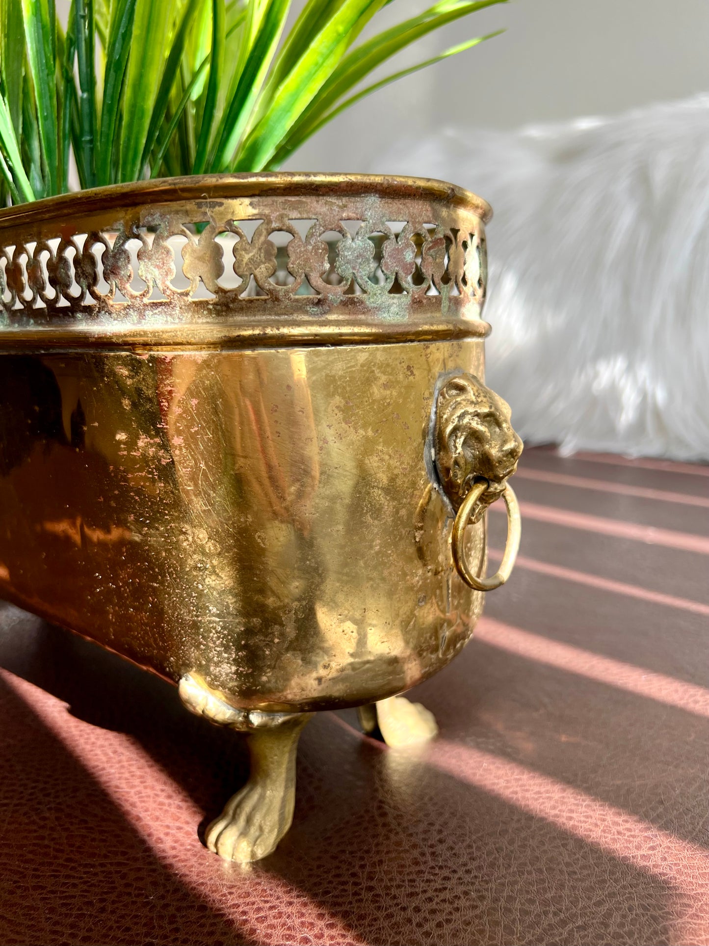 Antique/ Vintage Brass Planter Jardinière Ornate with Four Lion Paws Footed and Two Lion Heads with Rings