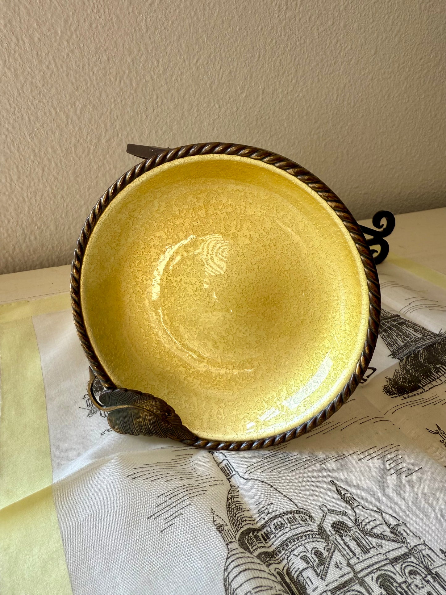 Vintage 1950s Small Yellow Round Guilloche Ashtray, Enamel on Metal Dish/ Plate or Jewelry Holder Tray with Leaf Decoration by Evans