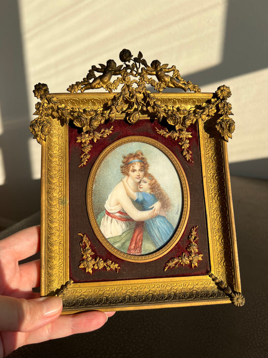 Antique Mother and Daughter French Miniature Portrait Signed Painting, Bronze Framed circa Late 19th Century