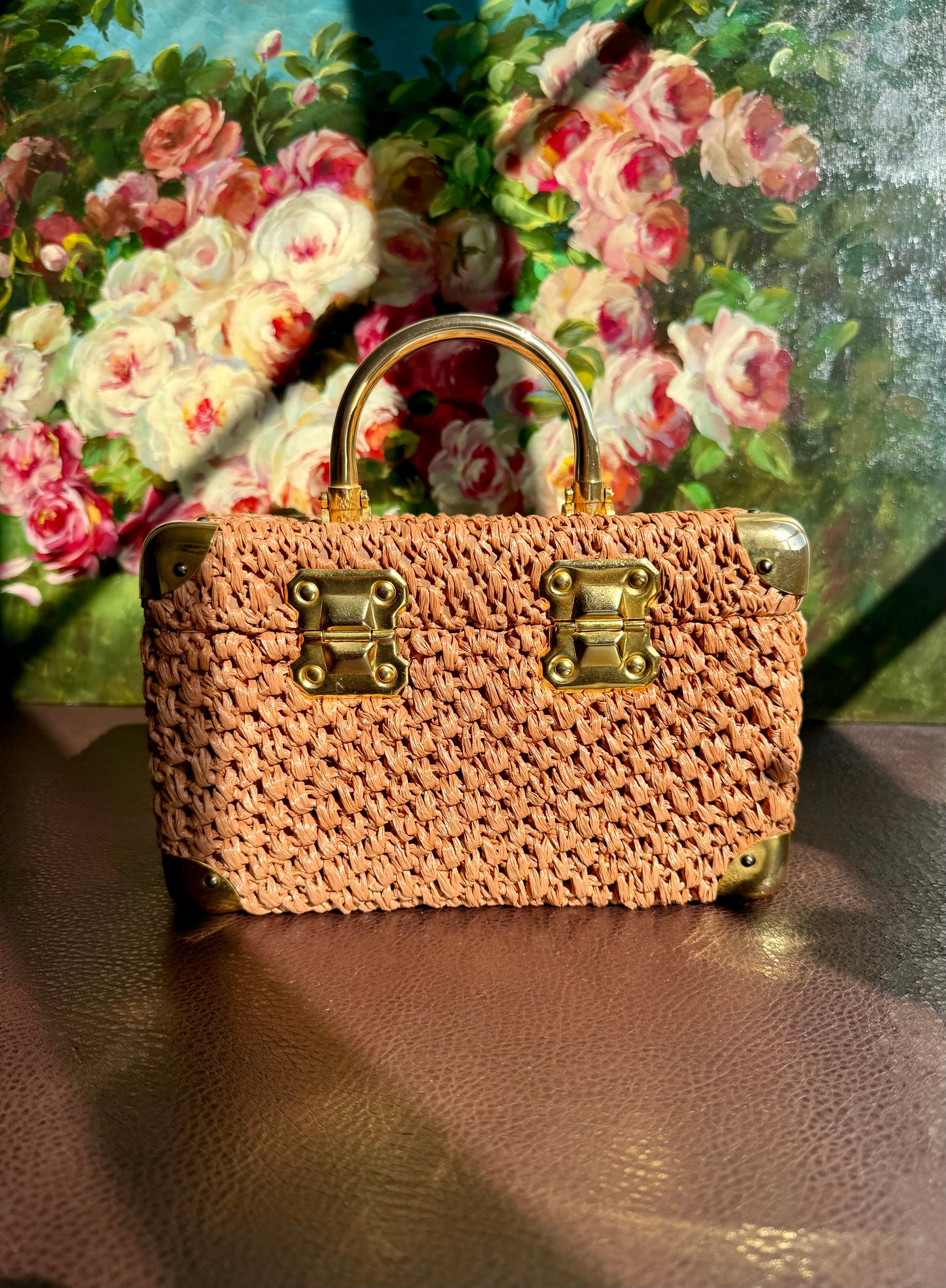 Italian Luxury Vintage Box Purse Mod Woven Raffia Brown Handbag, from the 50s or 60s