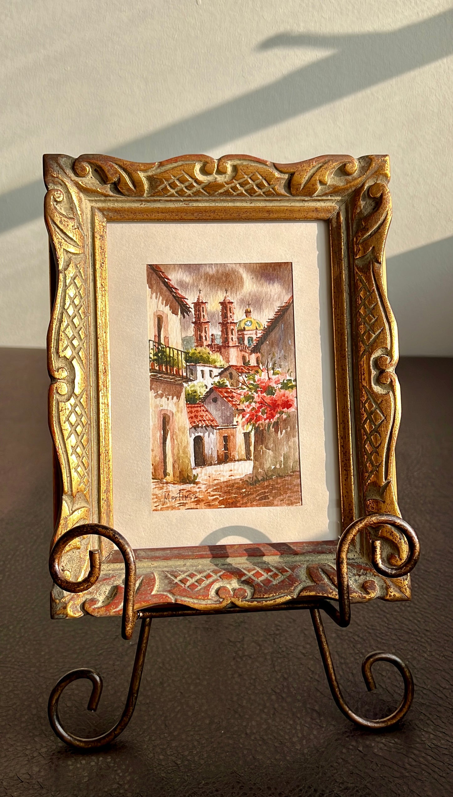 Watercolor Original Art Signed Vintage Painting with Gilded Wooden Frame