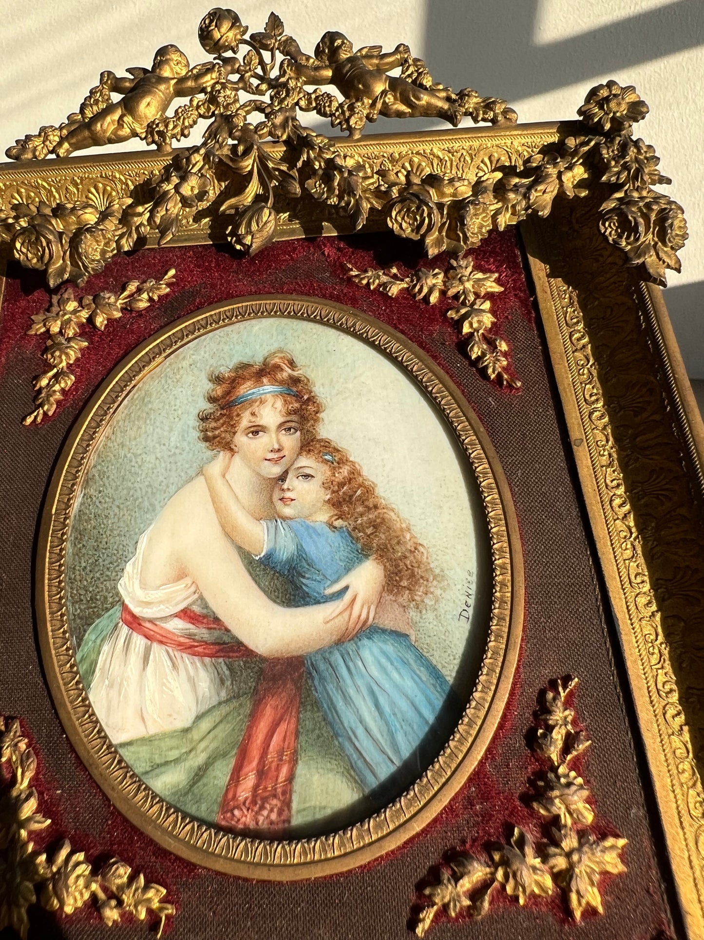 Antique French Mother and Daughter Miniature Portrait Signed Painting, Bronze Framed circa Late 19th Century