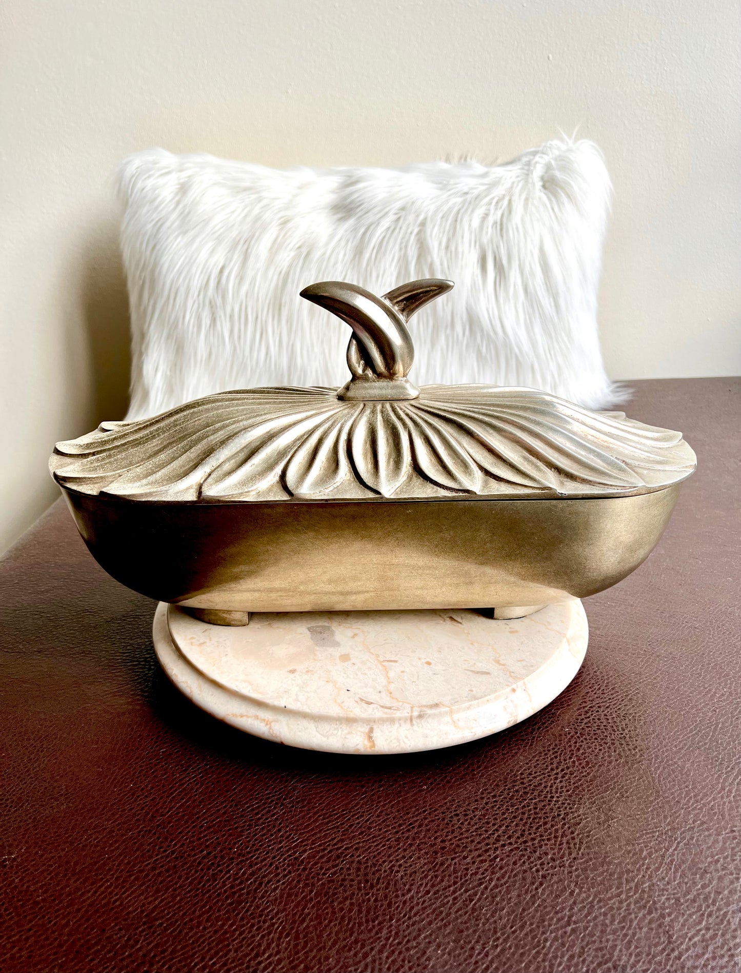 Art Deco Style Big Silver Plated Vintage Oval Metal Bowl with Decorative Flower Petal-shaped Lid, Numbered