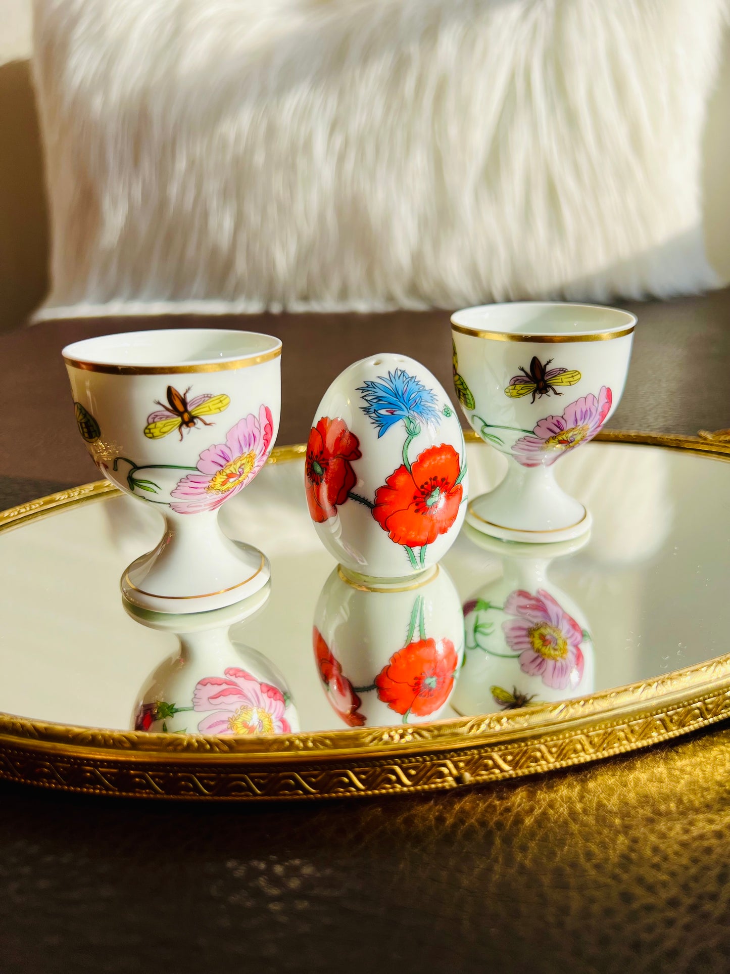 1980s Gucci Bernardaud Limoges Floral & Butterfly Print Porcelain Egg Cup and Salt Shaker Set, Made in France