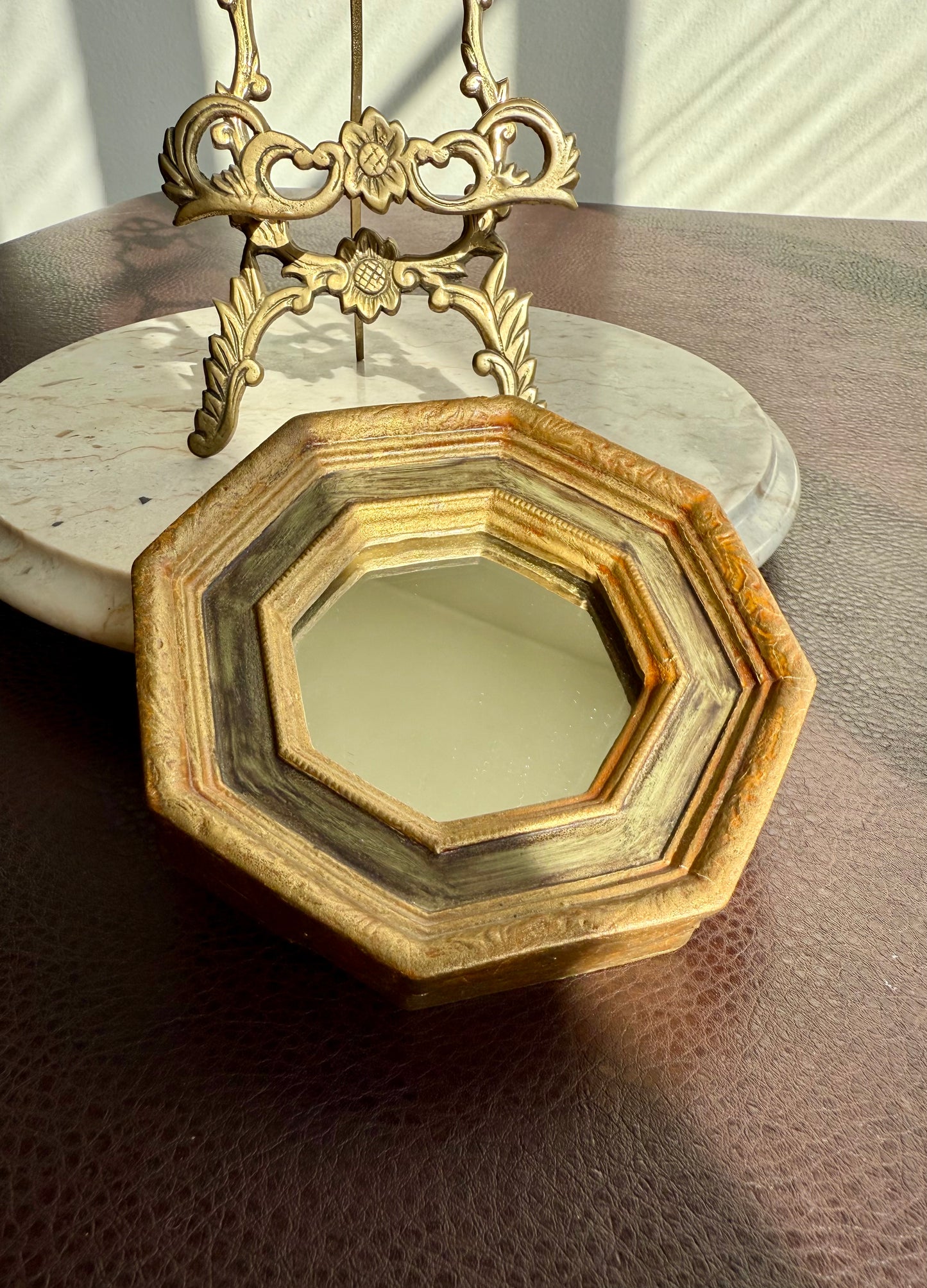 Italian Florentine Gold gilded Wooden Framed Mini Octagon Vintage Wall Mirror