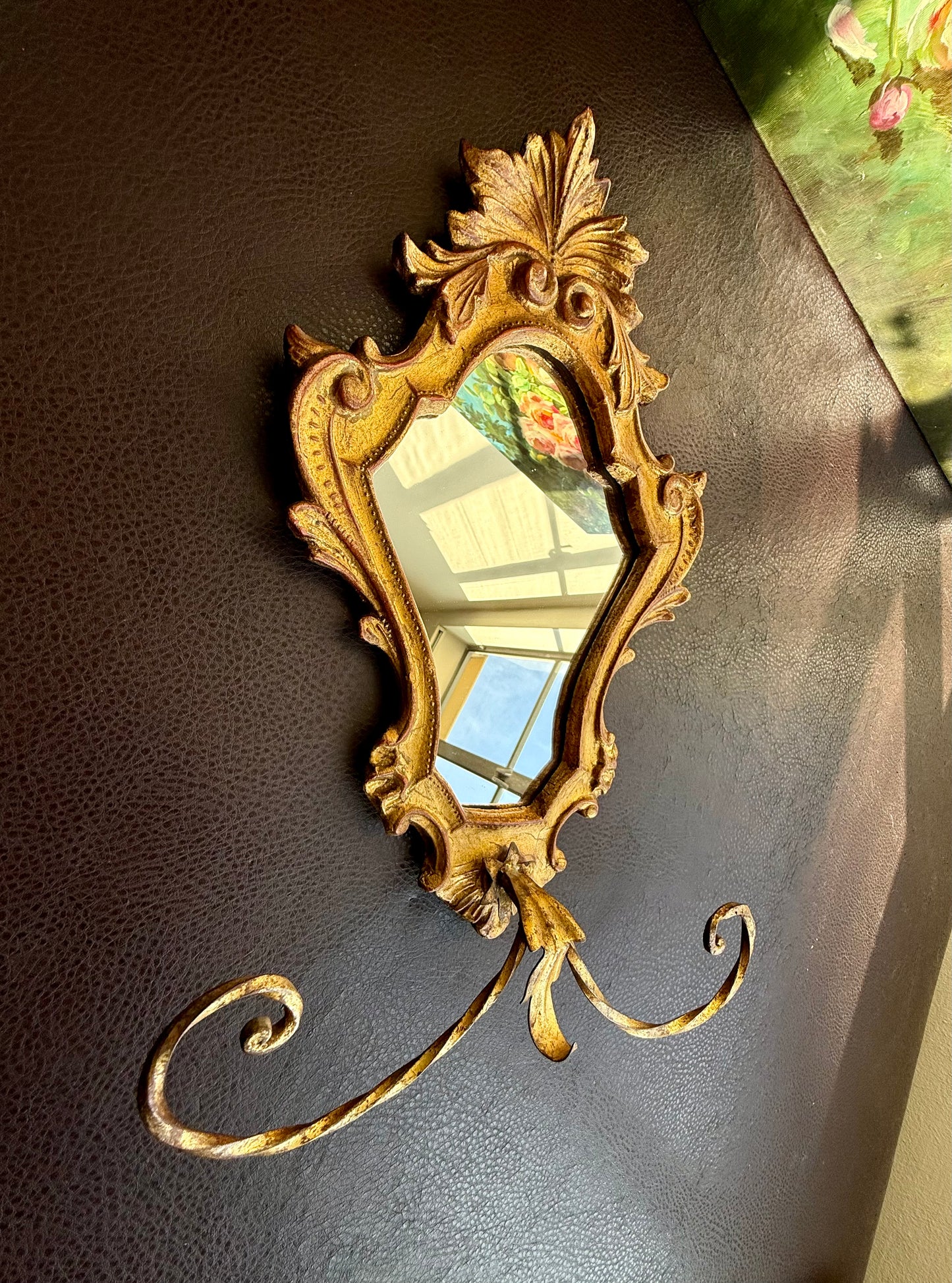 1950s Italian Florentine Rococo Vintage Gilded Wood Wall Mirror with Metal Towel Holder