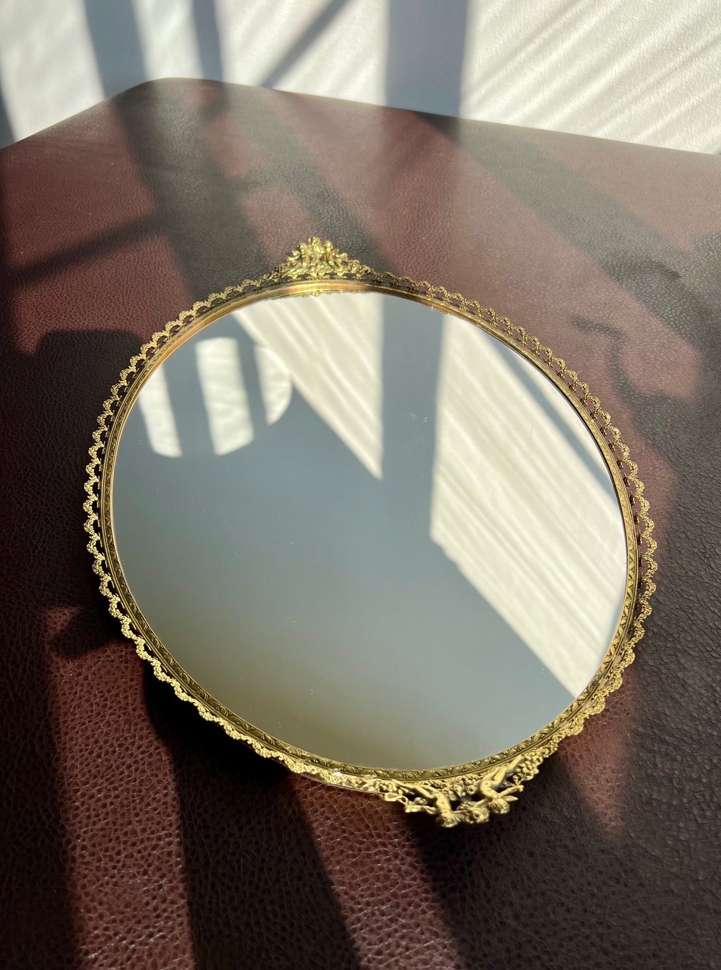Cherubs Angels Brass Gold Vintage Ormolu Mirror Vanity Tray Oval