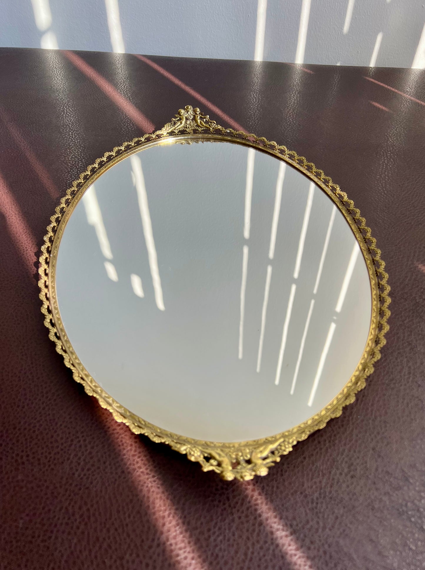Cherubs Angels Brass Gold Vintage Ormolu Mirror Vanity Tray Oval