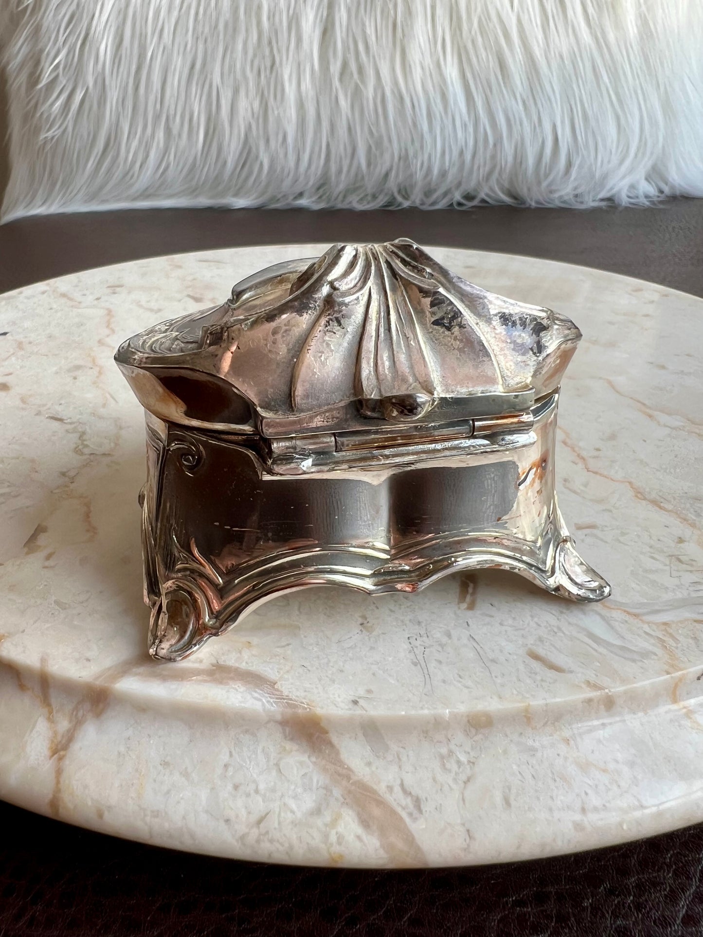 Antique Art Nouveau Silver Plated Heart Shaped Vintage Jewelry Ring Holder, Trinket Box, Blue Velvet Lined Interior