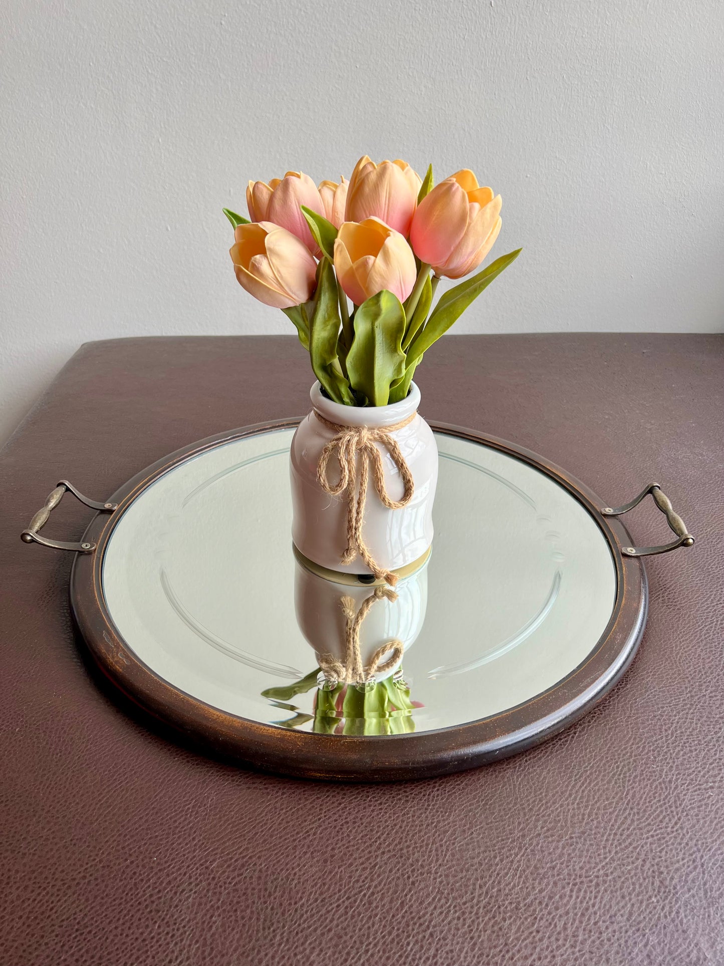 Big Wooden Table Mirror Tray Round Shaped with Two Brass Handles