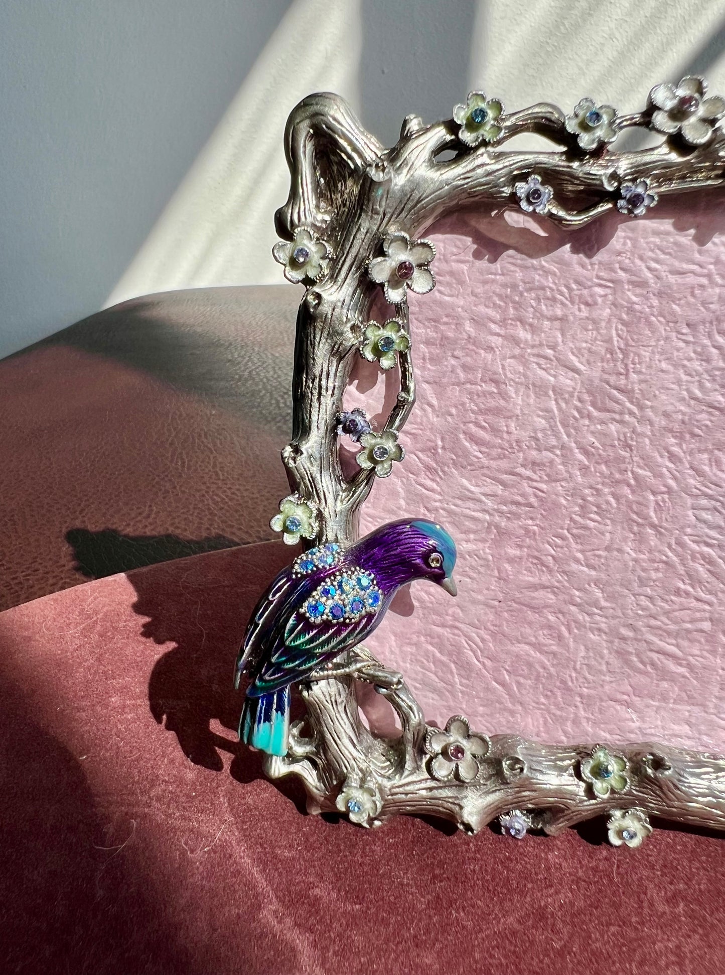 Blue Birds Vintage Metal Photo Frame with Rhinestones, Flowers and Tree Branches