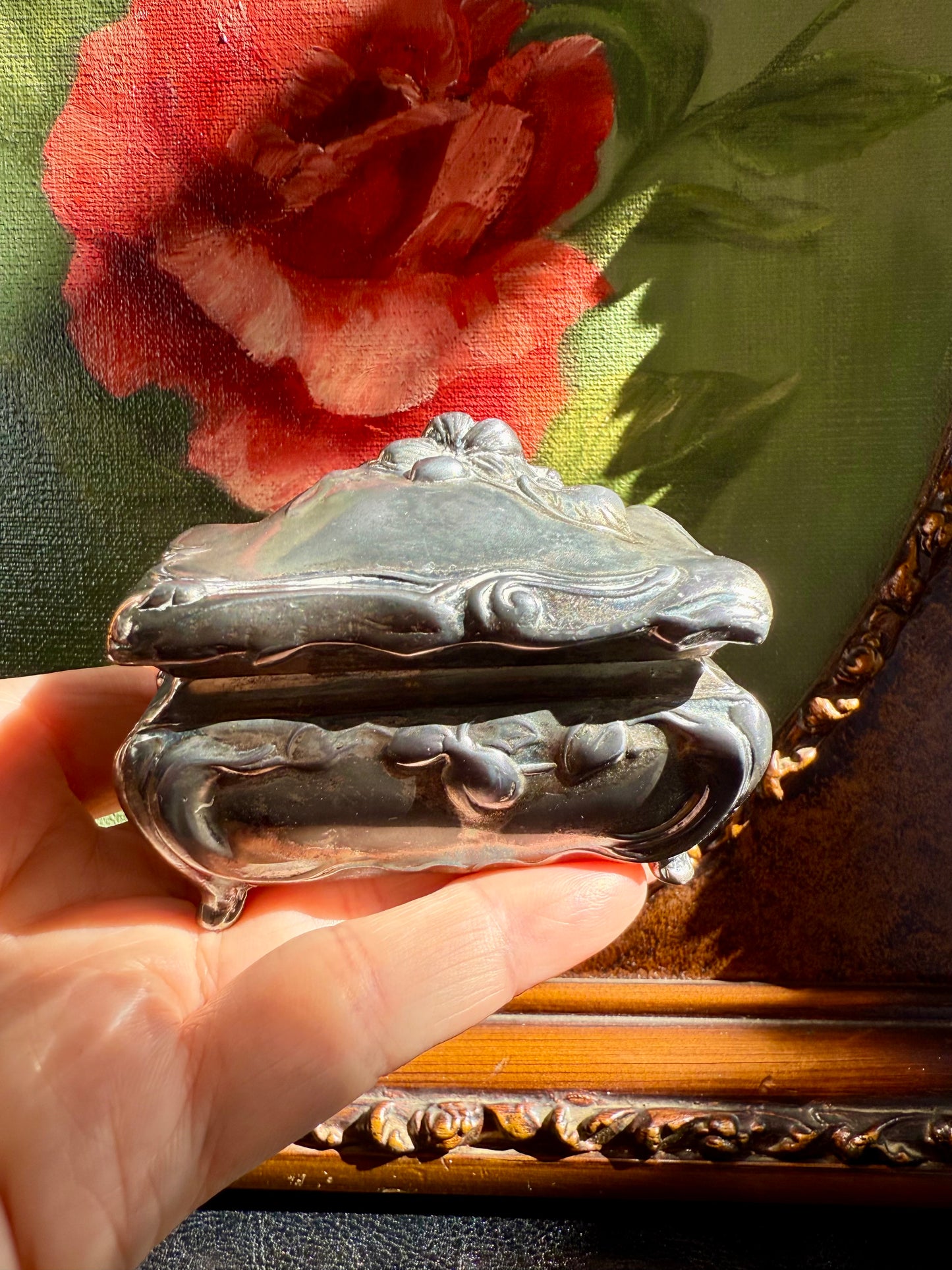Antique Art Nouveau Metal Floral Casket Jewelry Box, from Early 20th Century, Made by Jennings Brothers (JB 181)
