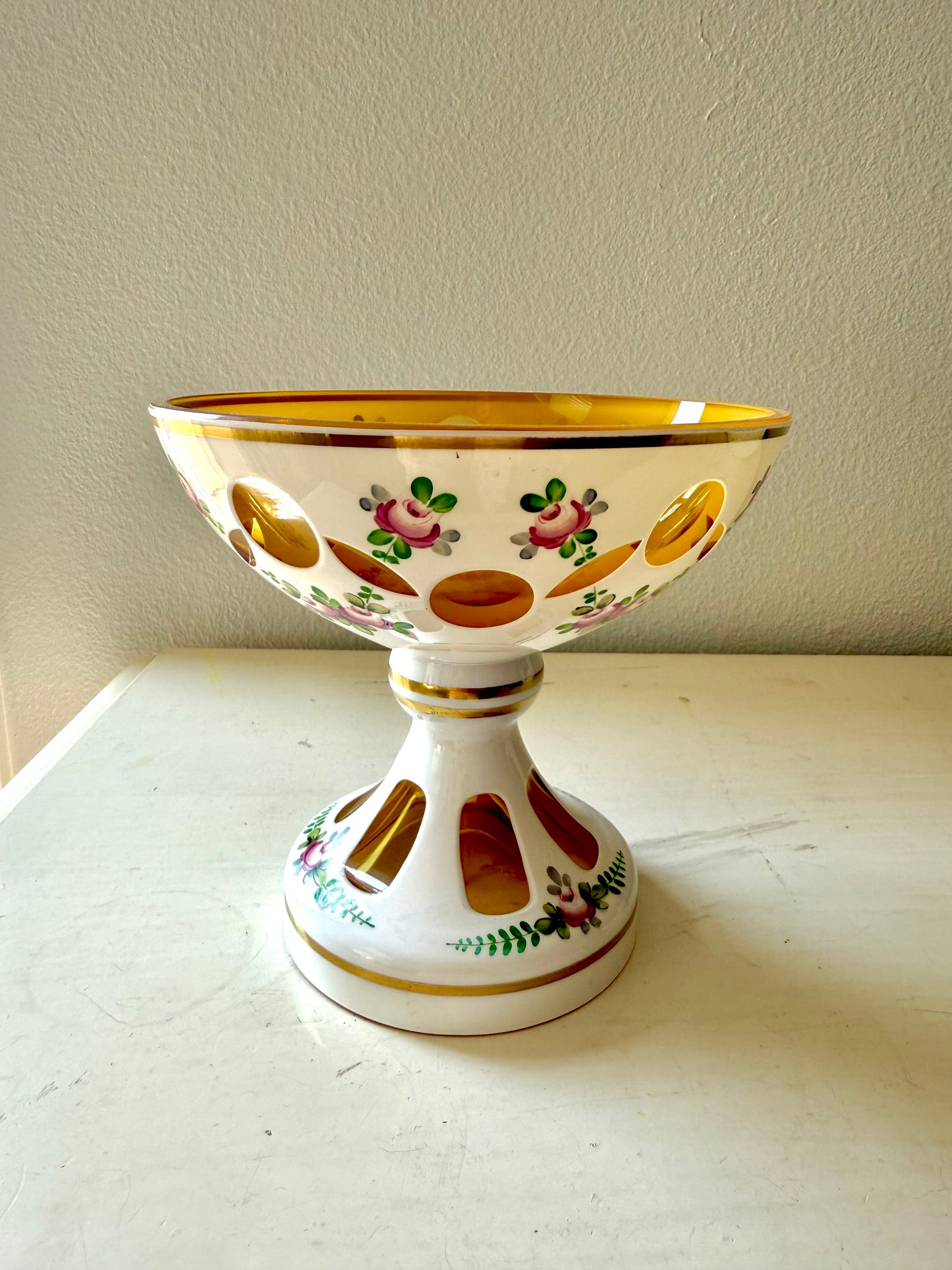 Bohemian Vintage Moser Style Czech Republic Cut Glass Bowl and Floral Painted Candy or Fruit Dish