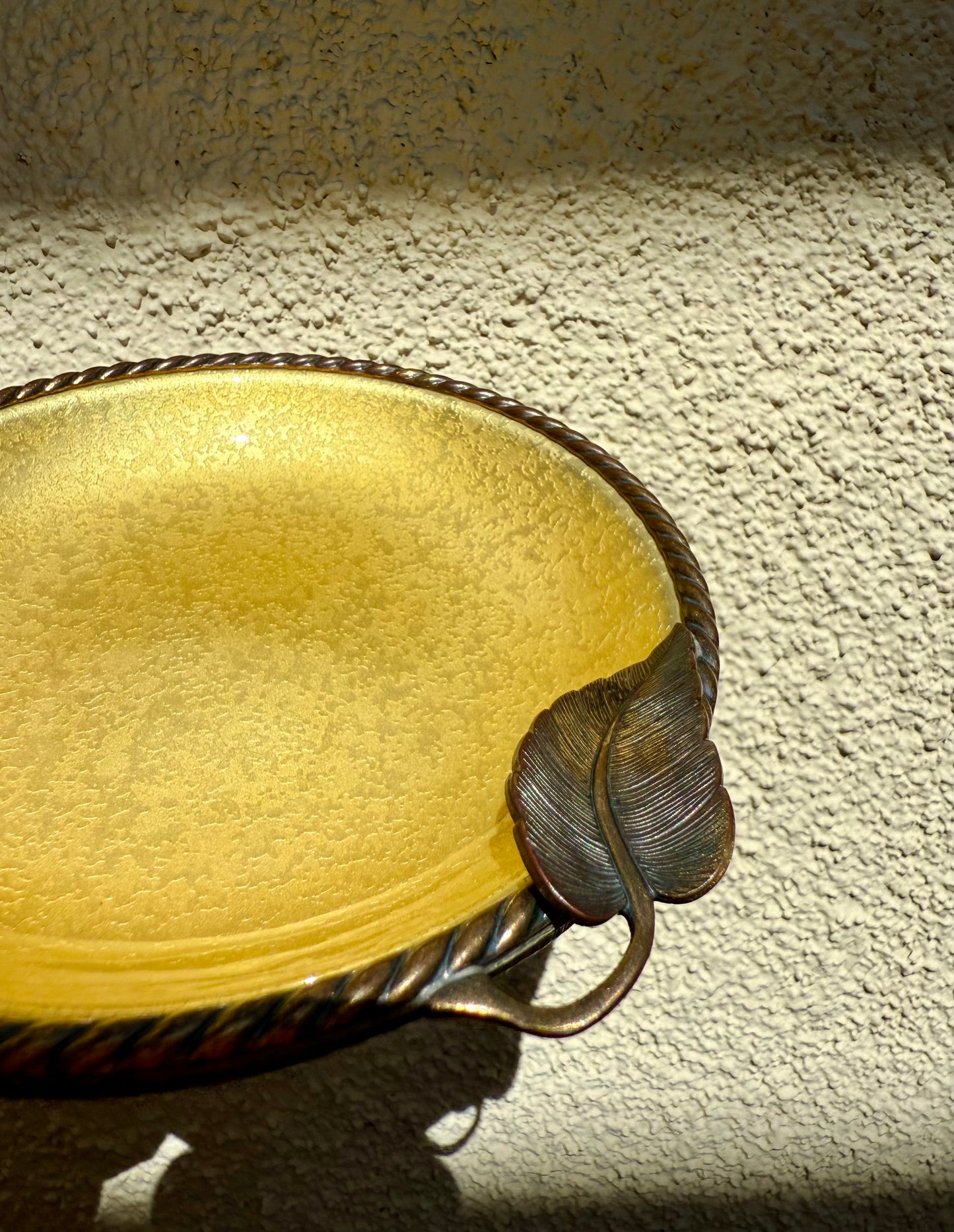 Vintage 1950s Small Yellow Round Guilloche Ashtray, Enamel on Metal Dish/ Plate or Jewelry Holder Tray with Leaf Decoration by Evans