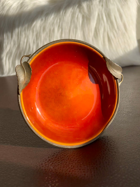 1950s Vintage Orange Round Guilloche Ashtray Enamel on Metal Dish or Jewelry Holder Tray with Leafs by Evans