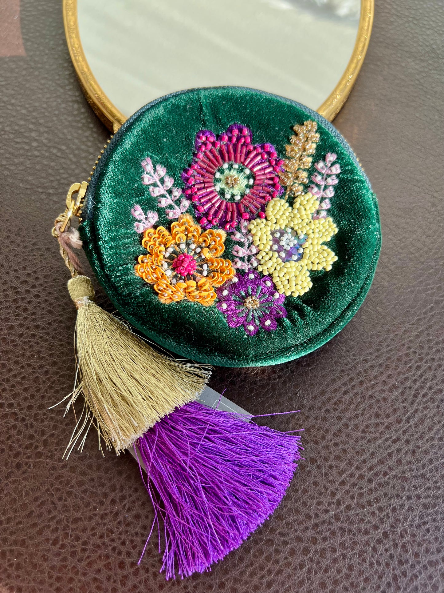 Round Beaded Mini Makeup Case Dark Green Plush Purse/ Bag with Floral Motif Decoration