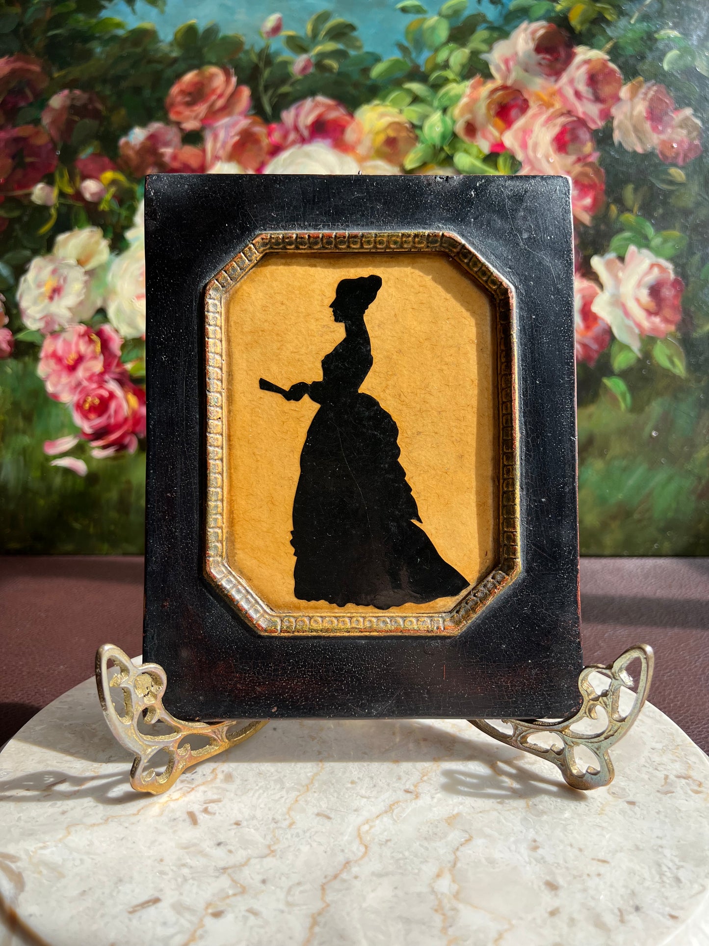 Antique Style Borghese Silhouette Plaque Portrait of a Victorian Lady and Gentleman with Wooden Framed (2 pc, a pair)