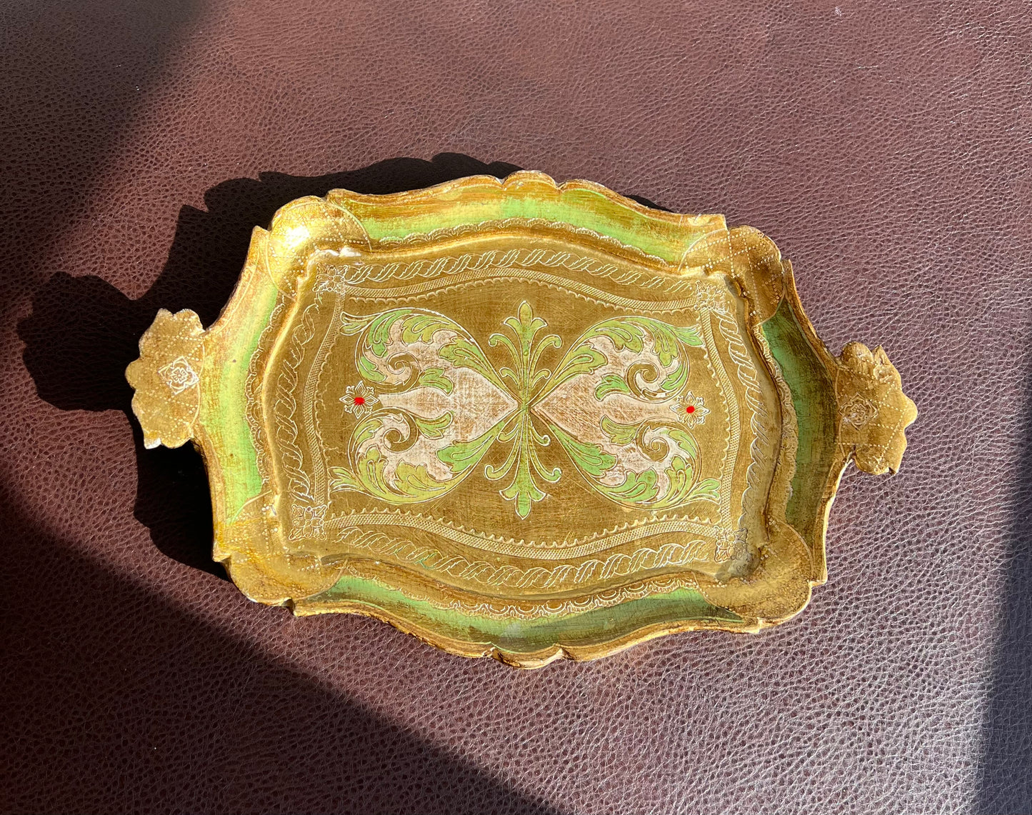 Florentine Italian Style Gold Gilded Vintage Decorative Wooden Tray Green and Gold