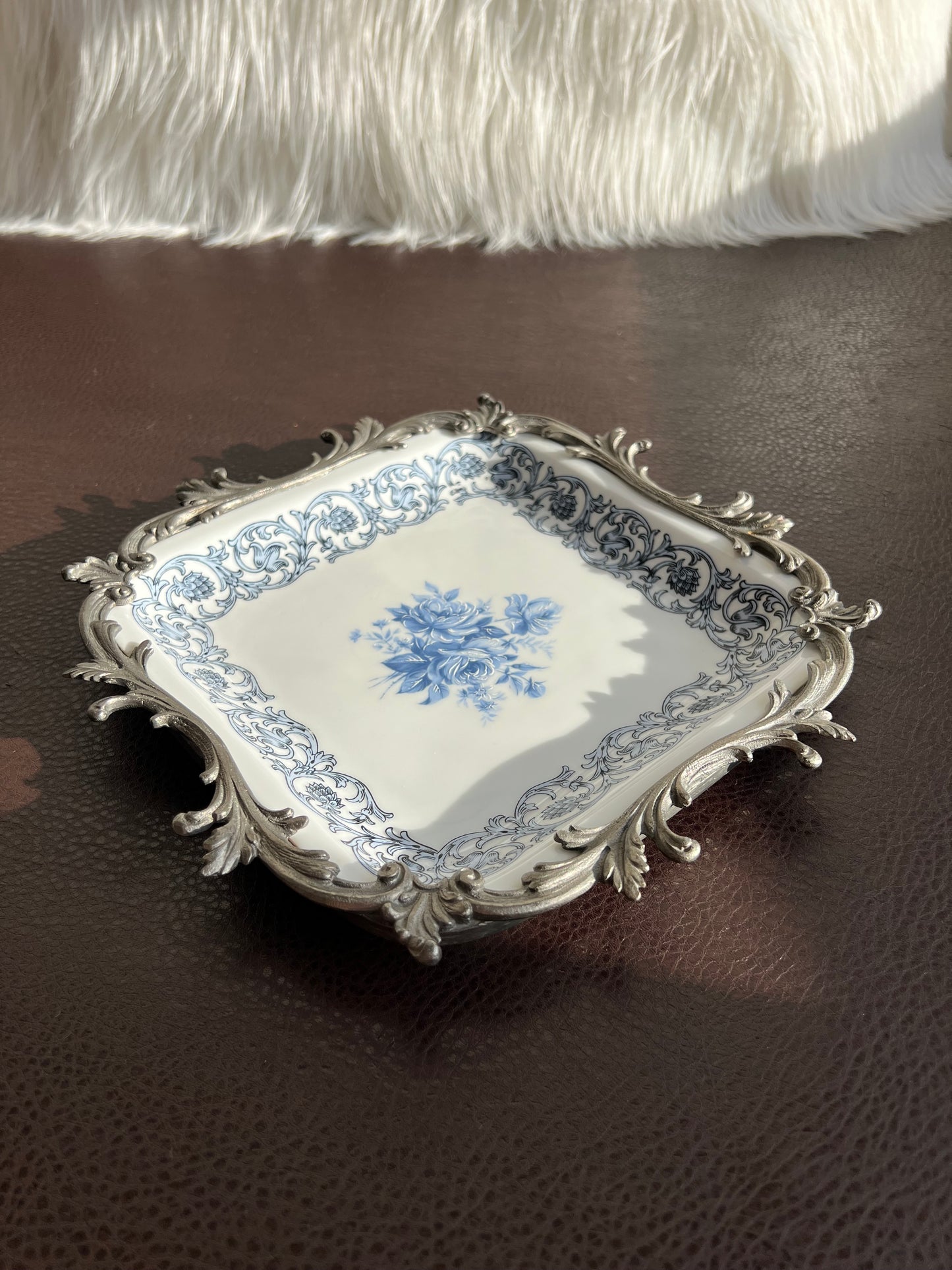 Bavaria Blue Floral Porcelain Square Plate with Decorative Metal Border
