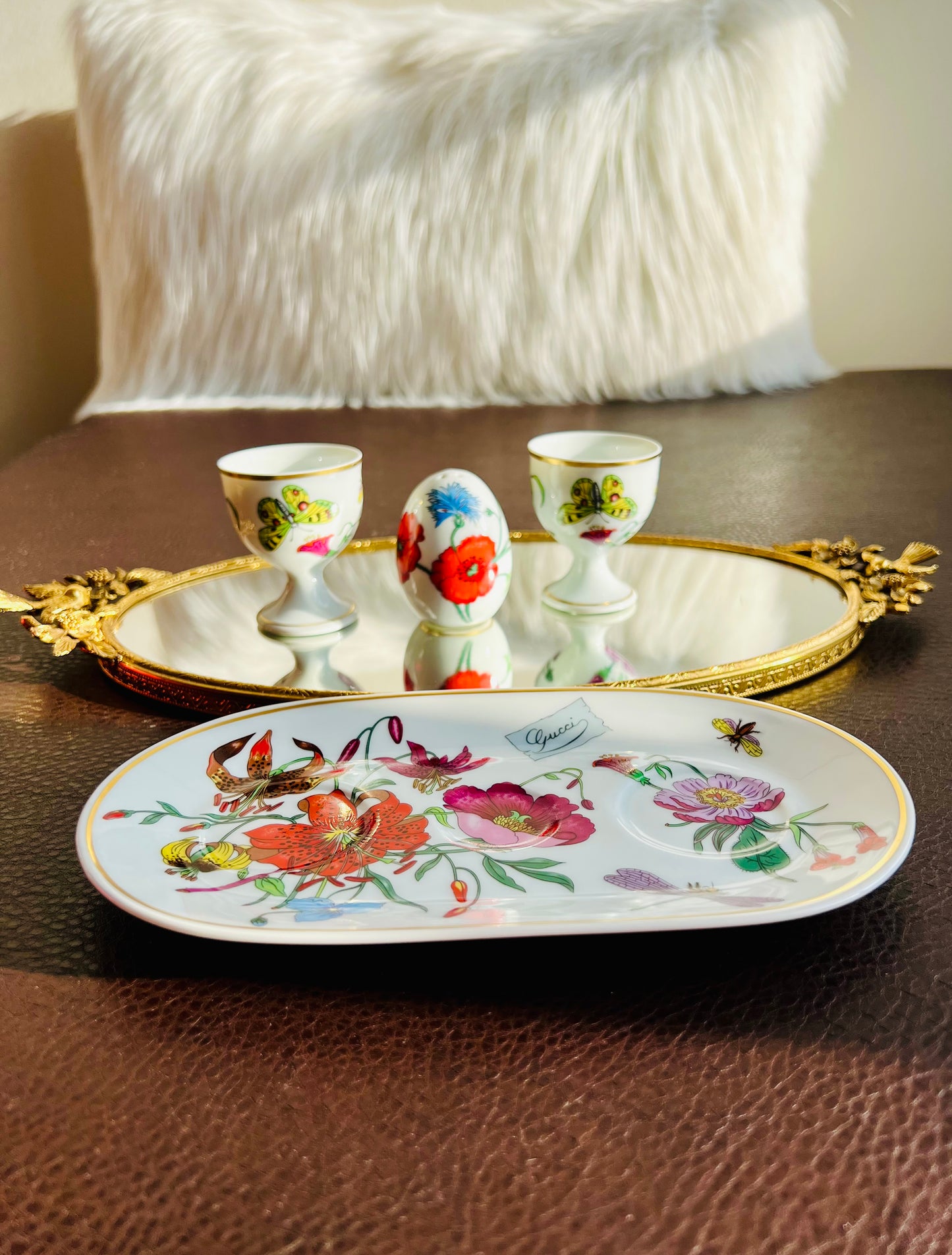 1980s Gucci Bernardaud Limoges Floral & Butterfly Print Porcelain Egg Cup and Salt Shaker Set, Made in France