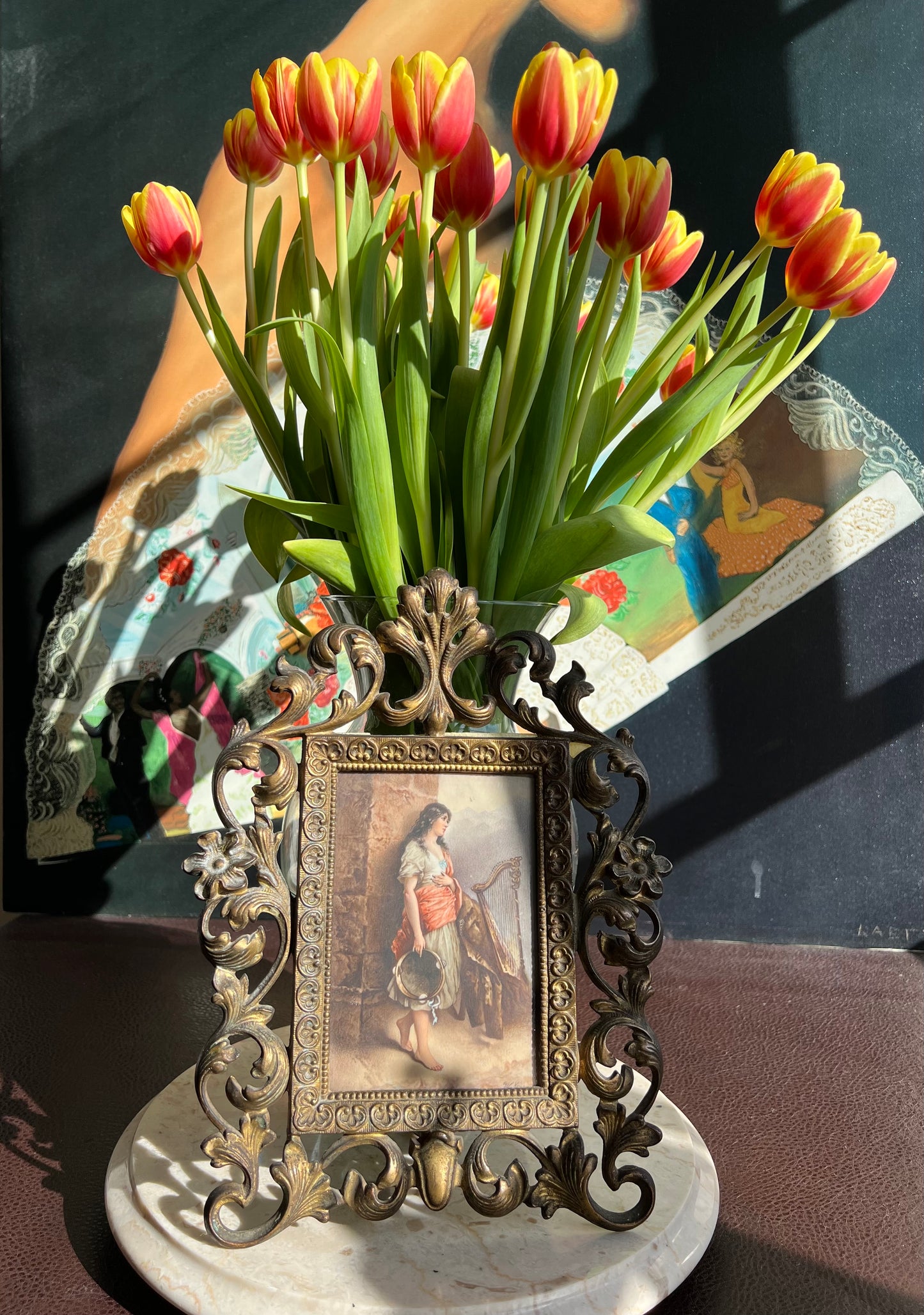 Antique Hand-Painted Original Signed Art of Porcelain Painting with Gilded Florentine Frame from Late 1800s
