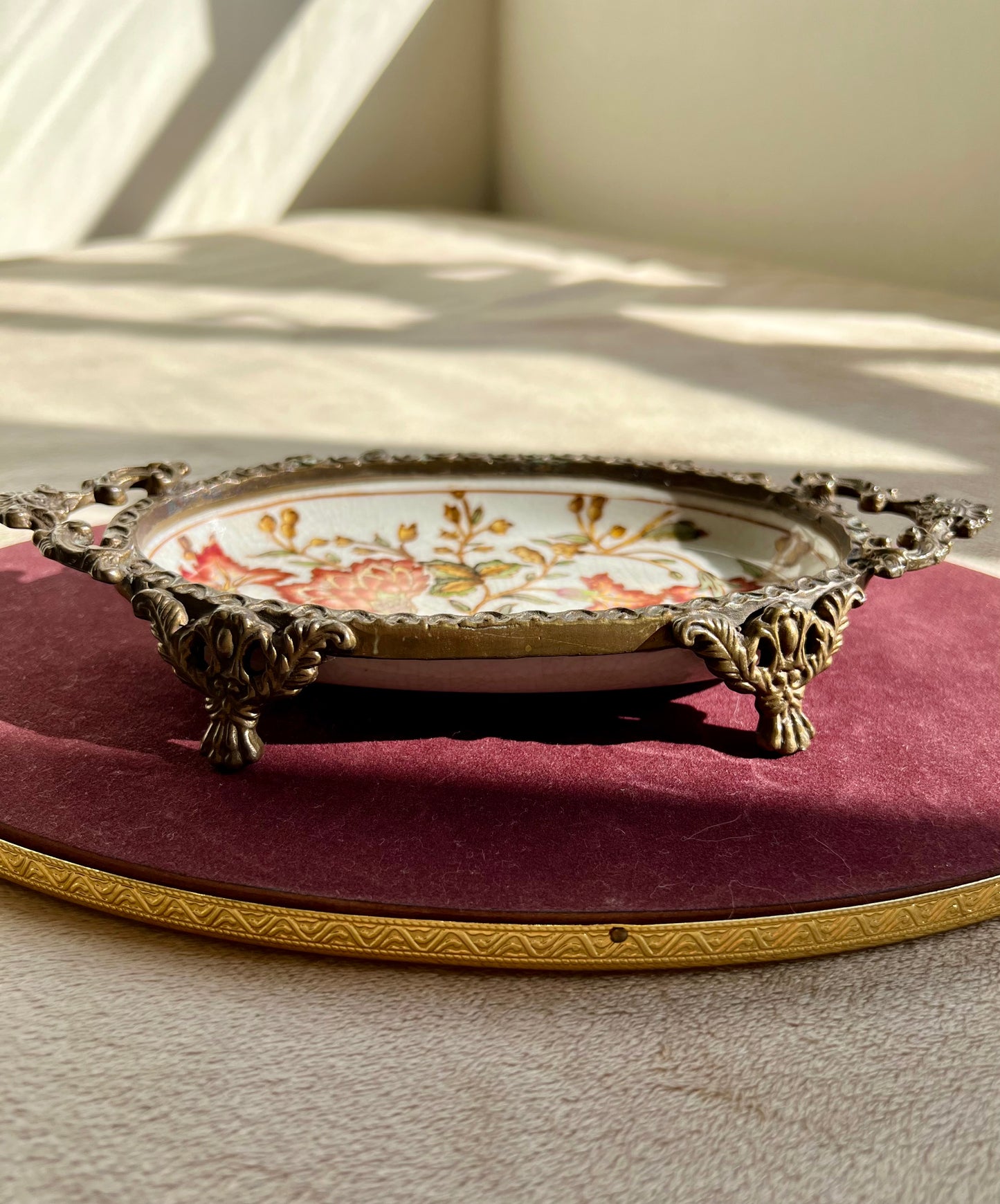Vintage Chinese Brass and Porcelain Footed Floral Soap Dish Or Trinket Dish