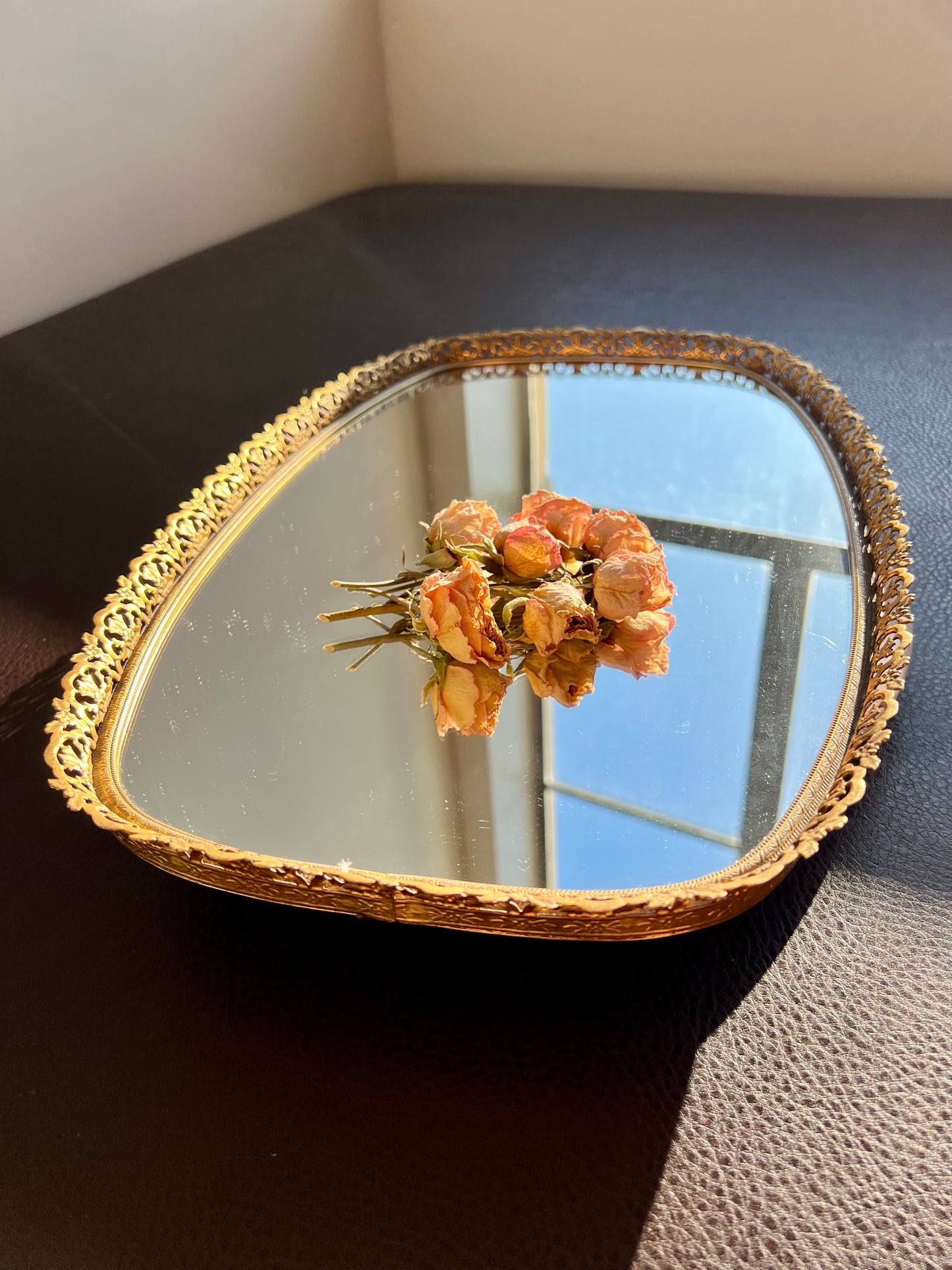 Mid Century Gold Brass Vintage Ormolu Vanity Perfume Tray Oval Mirror - Hollywood Regency