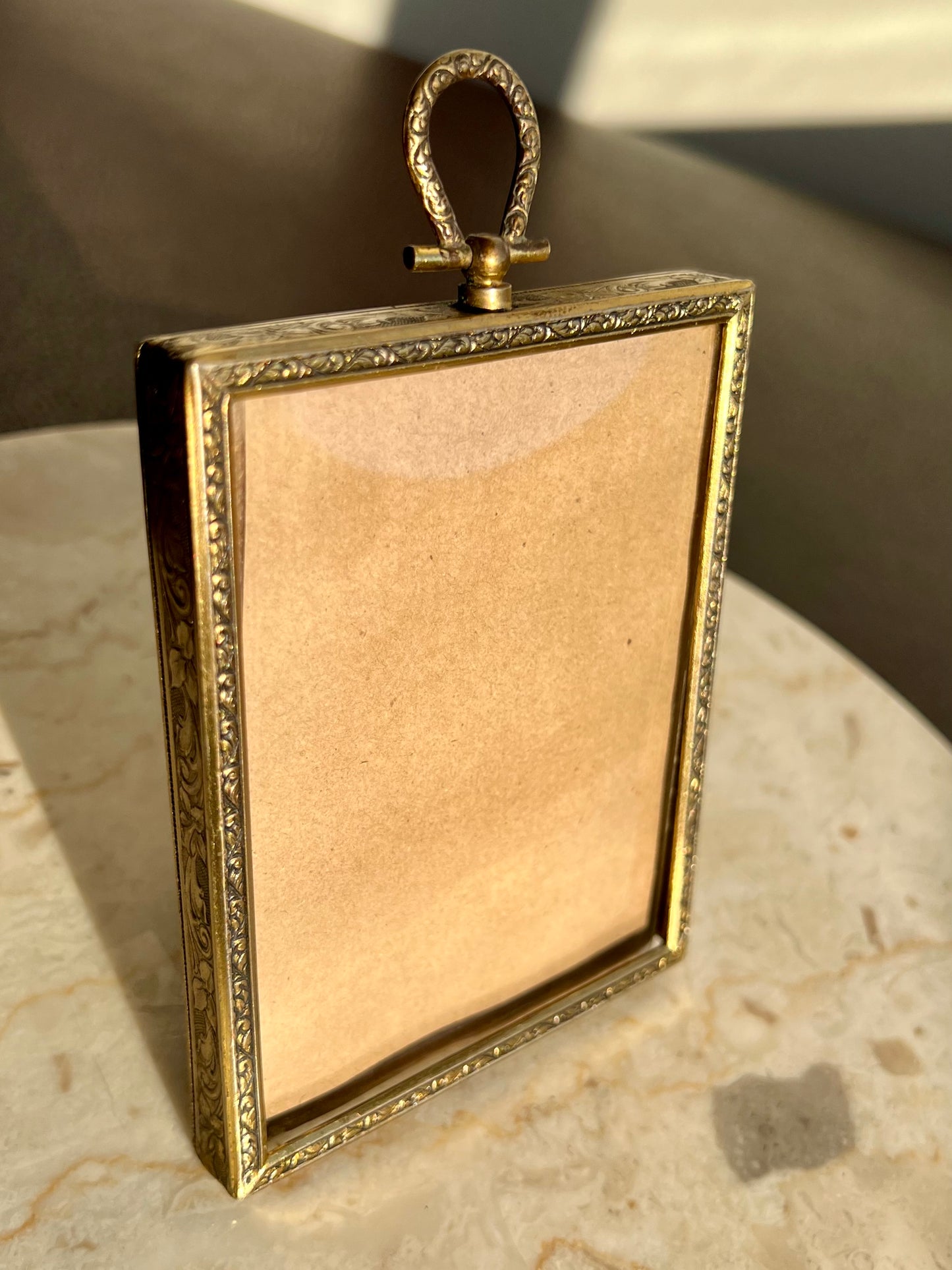 Classic Small Antique Metal Photo Frame with Art Nouveau Easel and Plush Velvet