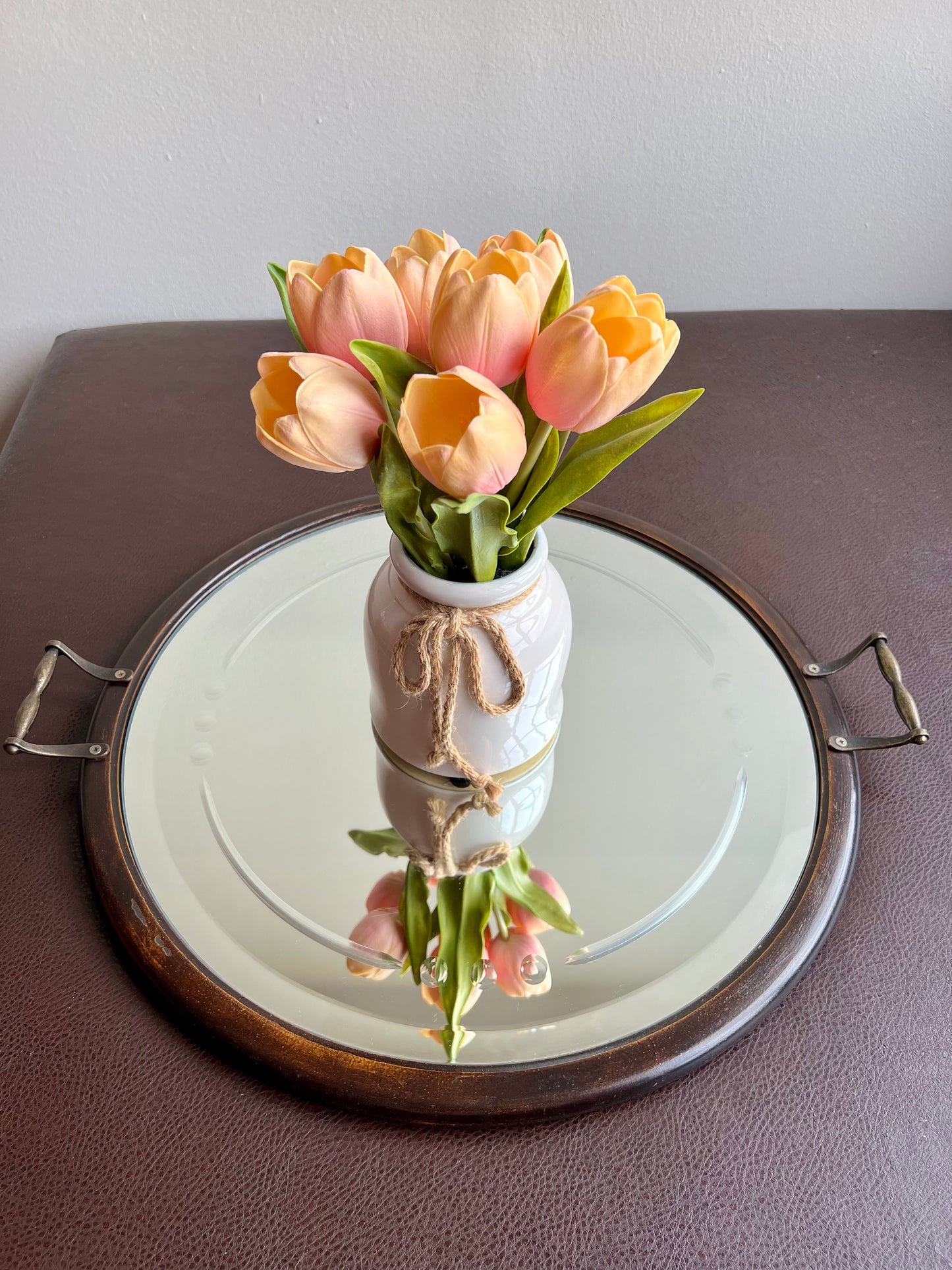 Big Wooden Table Mirror Tray Round Shaped with Two Brass Handles